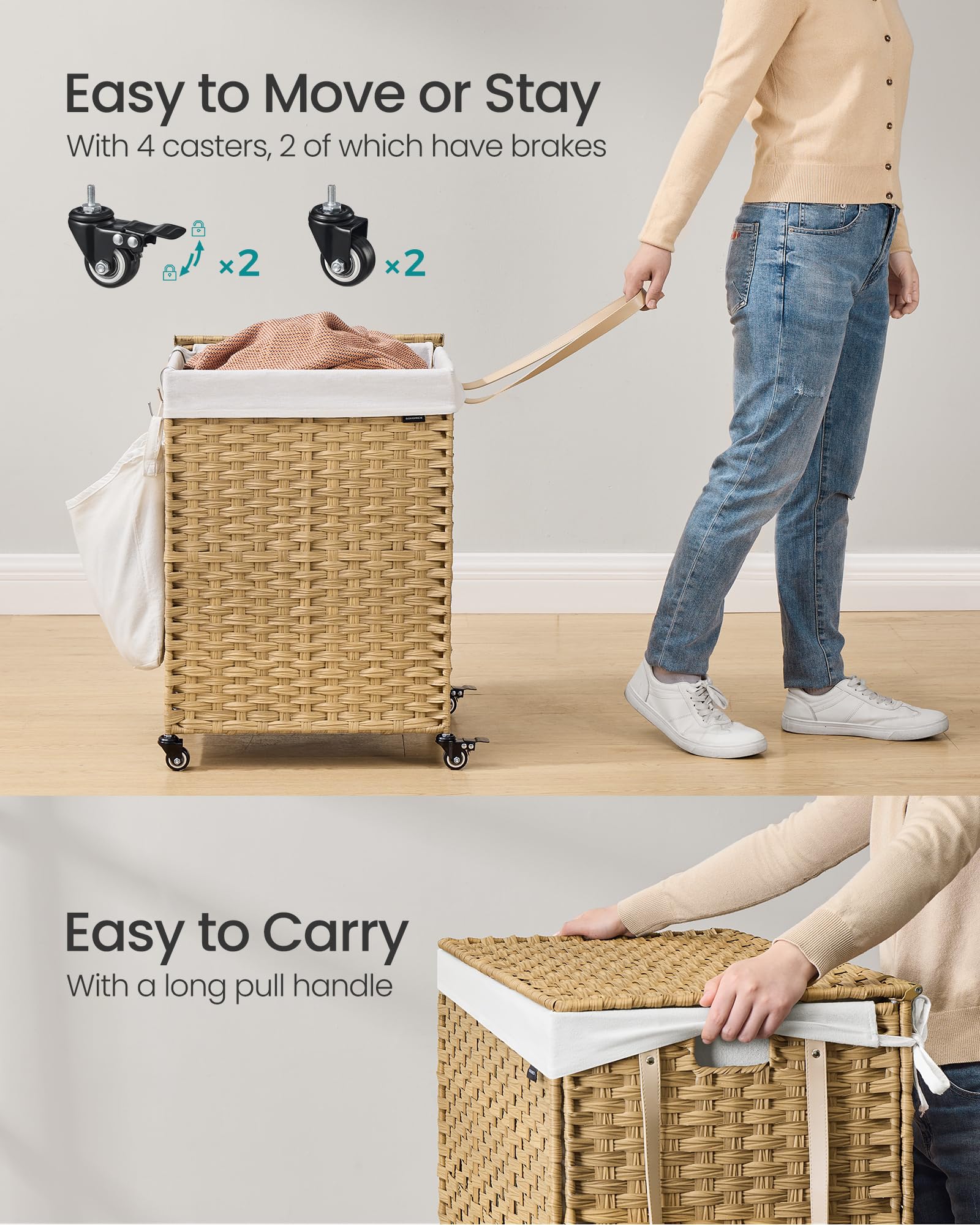 Songmics Laundry Hamper With Lid, 31.7 Gallons (120 L), Rolling Laundry Basket With Wheels, Synthetic Rattan, Removable Liner, B