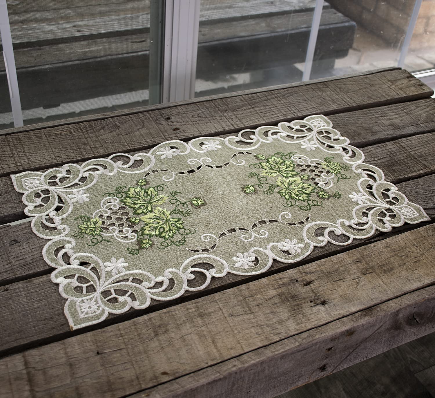 Embroidered Green Leaf On Antique Green Fabric Placemat, Table Runner, Dresser Scarf, Coffee Table Doily (11Wx21L)