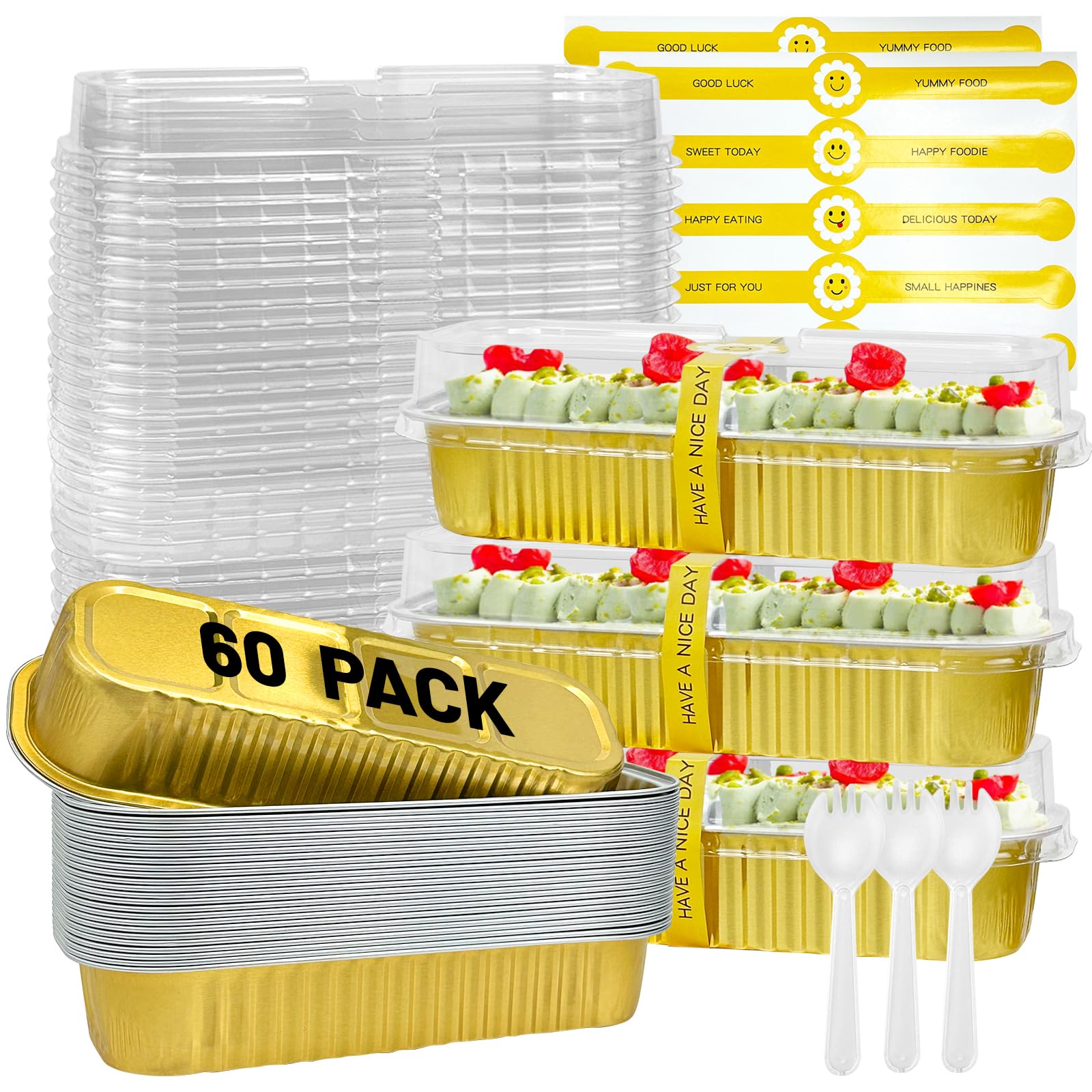 ylnurac 60Pack Gold Mini Cake Pans With Lids, 6.8 Oz Loaf Pans With Lids, Baking Cups Muffin Tins,Disposable Tins Pans Holders F