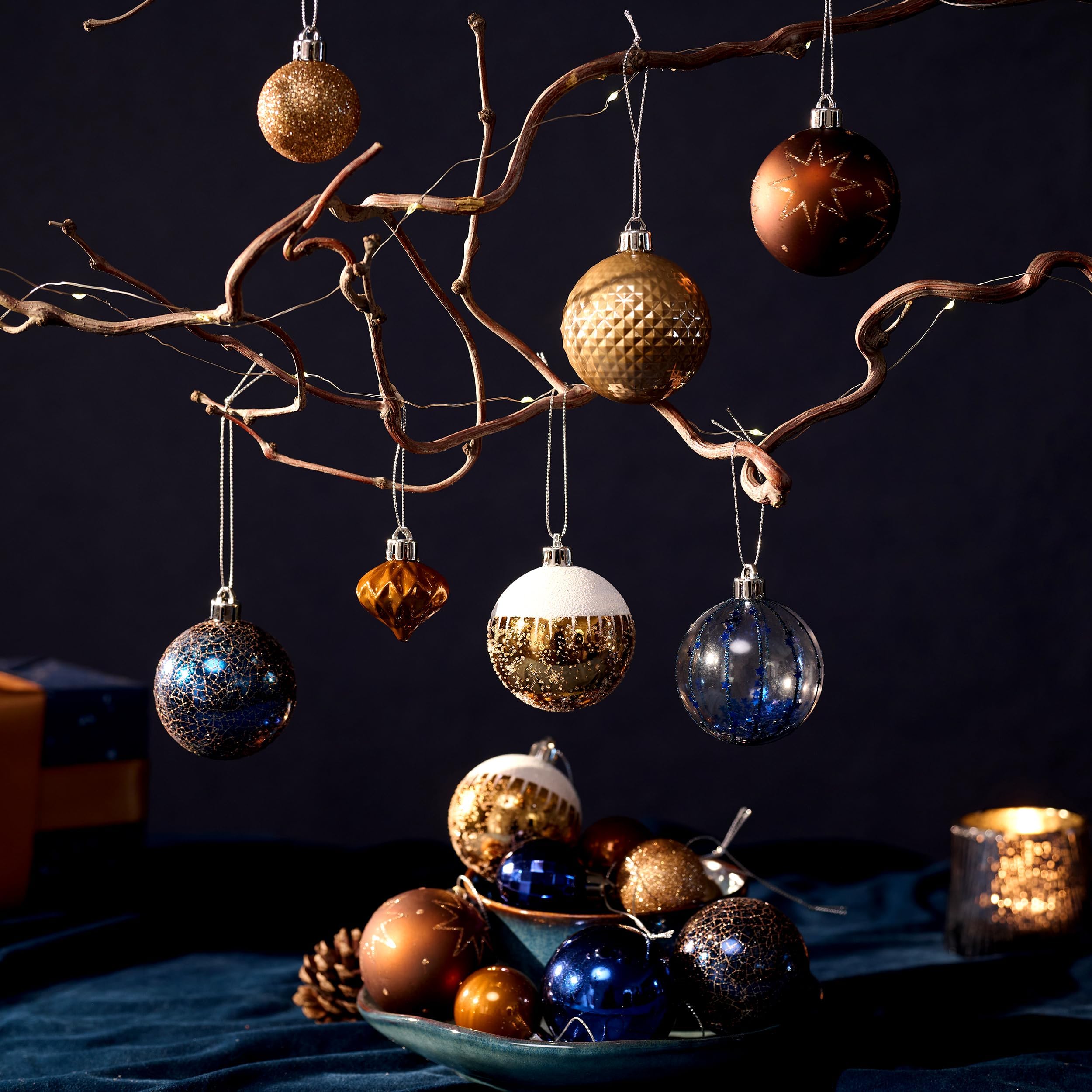 DecorbyHannah Christmas Ornaments Set, 21ct Blue Copper Gold Ornaments for Christmas Tree Decorations, Celestial Shatterproof Pl