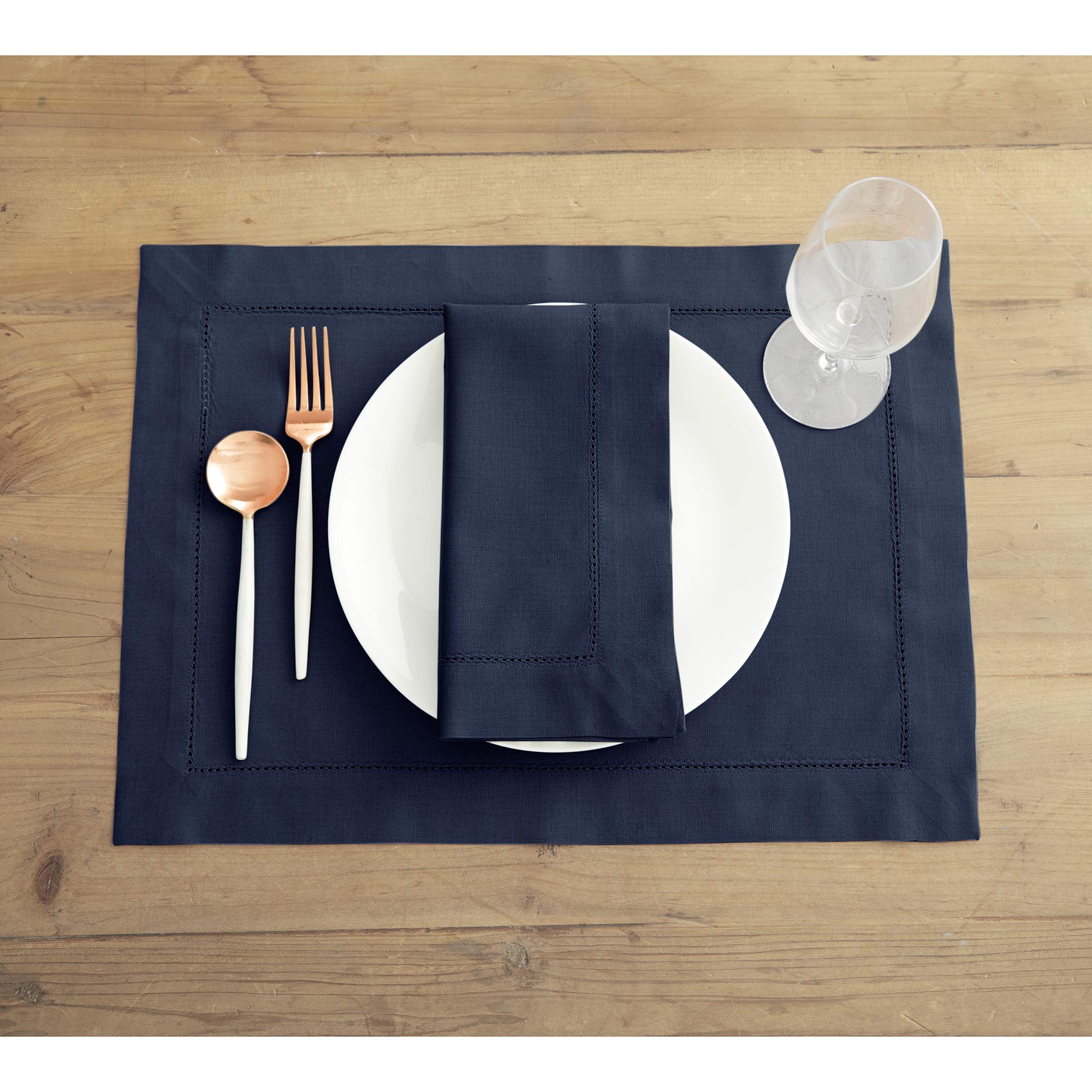 Solino Home Dinner Napkins 20 X 20 Inch - Cotton Linen Hemstitch Navy Cloth Napkins Set Of 4 For Spring, Easter - Handcrafted An