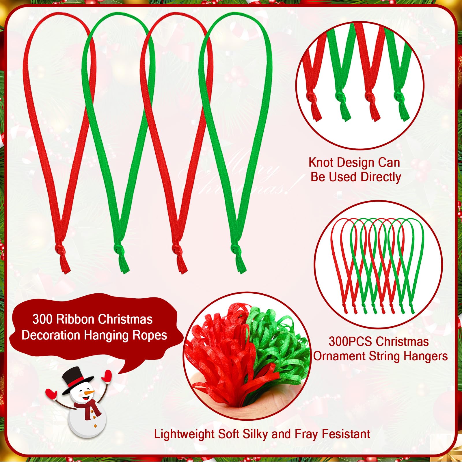 JUNEBRUSHS 300Pcs Christmas Ornament Ribbon Hangers, Hand Tied String Ties Ornaments Loops Thin Ribbon for Ornaments Christmas T