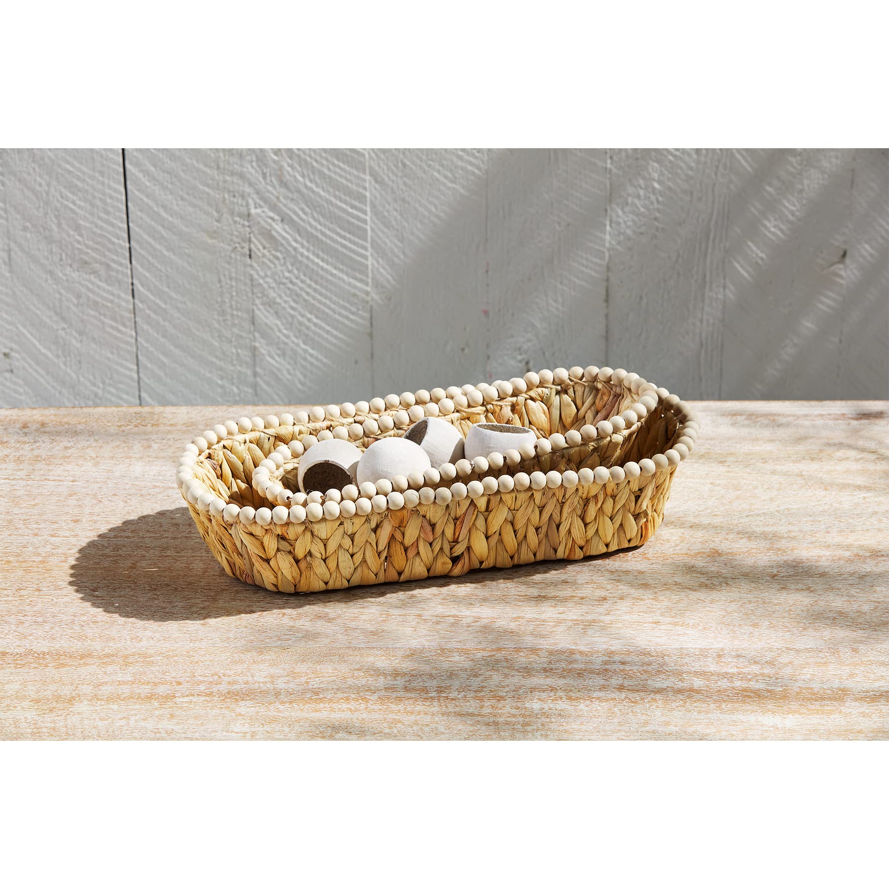 Mud Pie Beaded Hyacinth Nested Basket Set, Beaded, Small 5'' X 12 1/2'' | Large 6 1/2'' X 16 1/2''