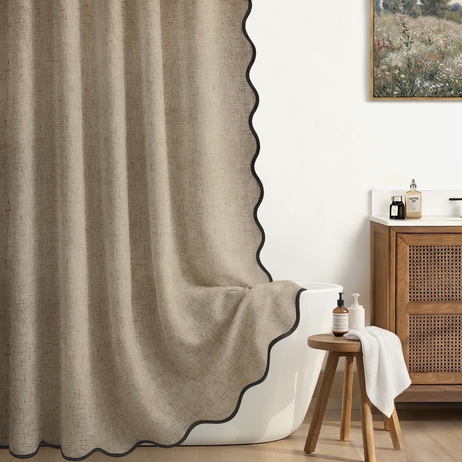 Xoguibo Linen Shower Curtain Flax Khaki Cute Black Scalloped Boho Modern Shower Curtains For Bathroom Set, 72 W X 72 L