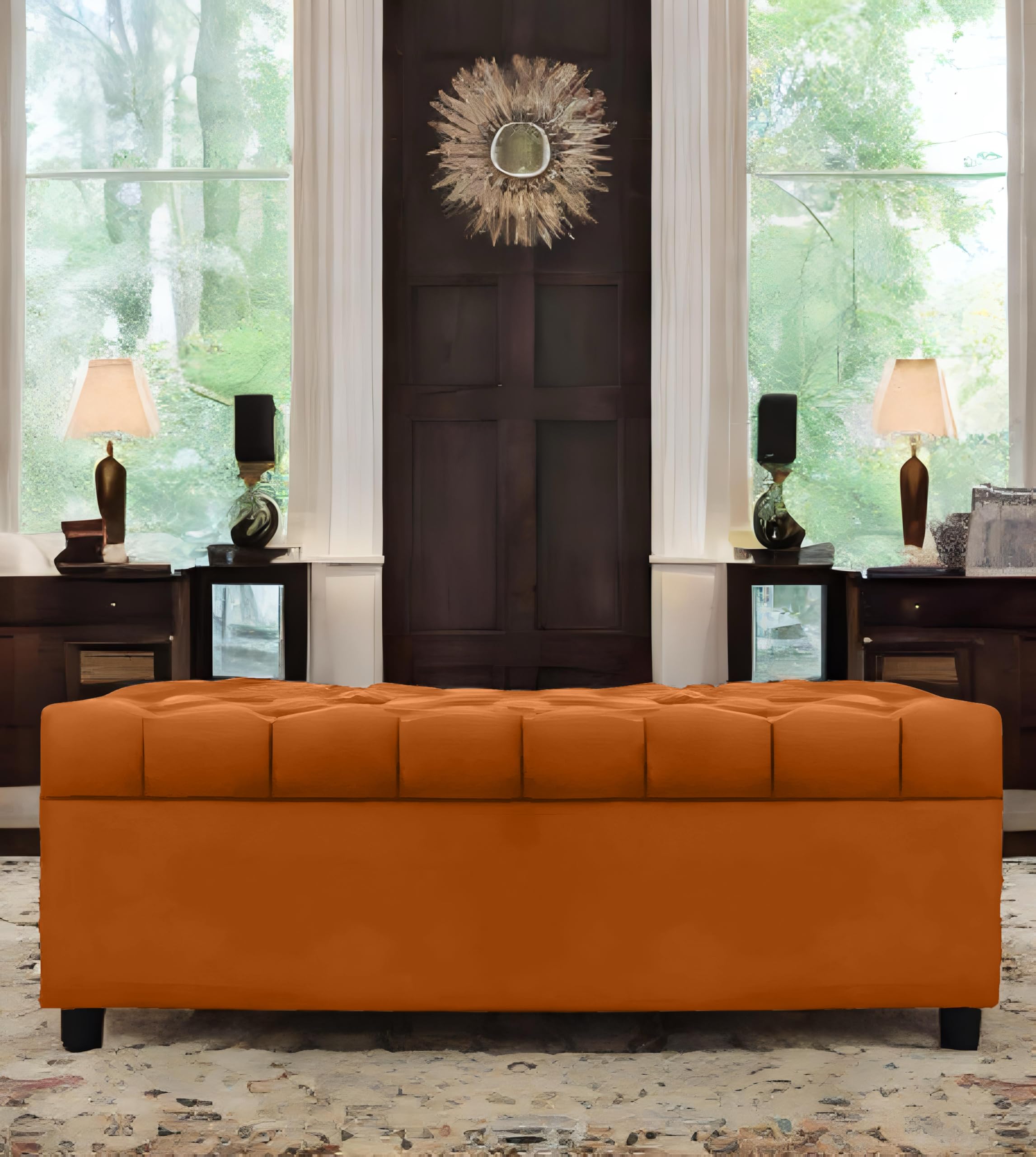 Amata Eagle Solid Wood 2 Seater Ottoman/Pouffe Orange Suede Velvet Perfect For Home Living Office Room And Guests (Orange 3, 2 S
