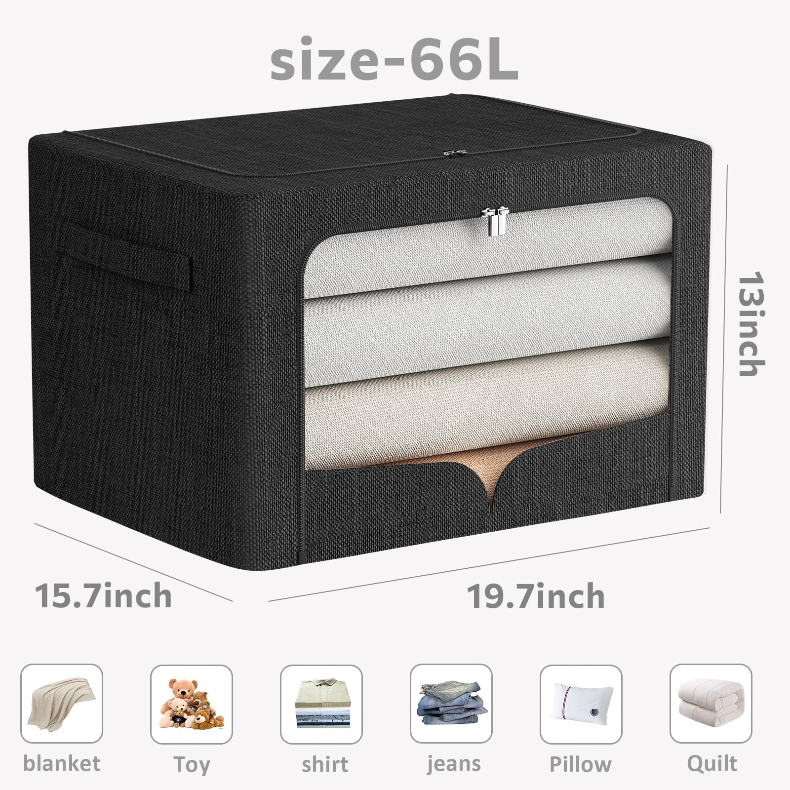 3 Pack Clothes Storage Bins - Foldable Metal Frame Storage Box - Stackable Linen Fabric Organizer Set with Carrying Handles and