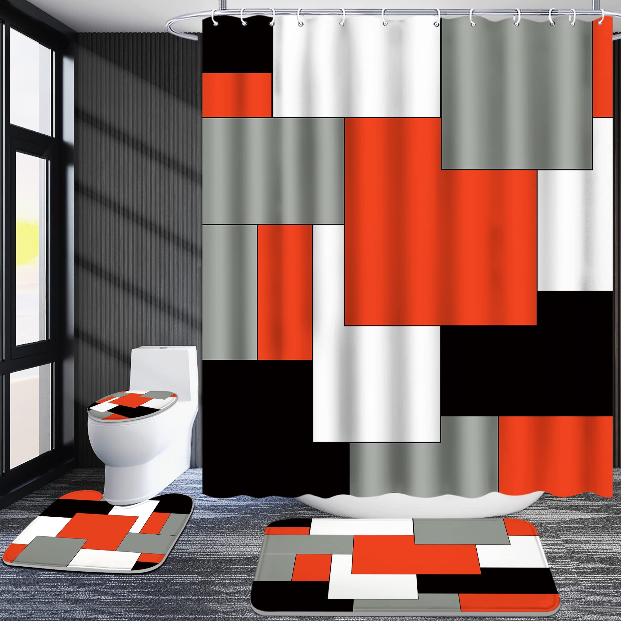 Poedist 4 Pcs Bathroom Decor Shower Curtain Set with Rugs and Accessories Red and Black Geometric Squares Shower Curtain Sets Include Bath Mat U Shape and Toilet Lid Cover Mat with 12 Durable Hooks