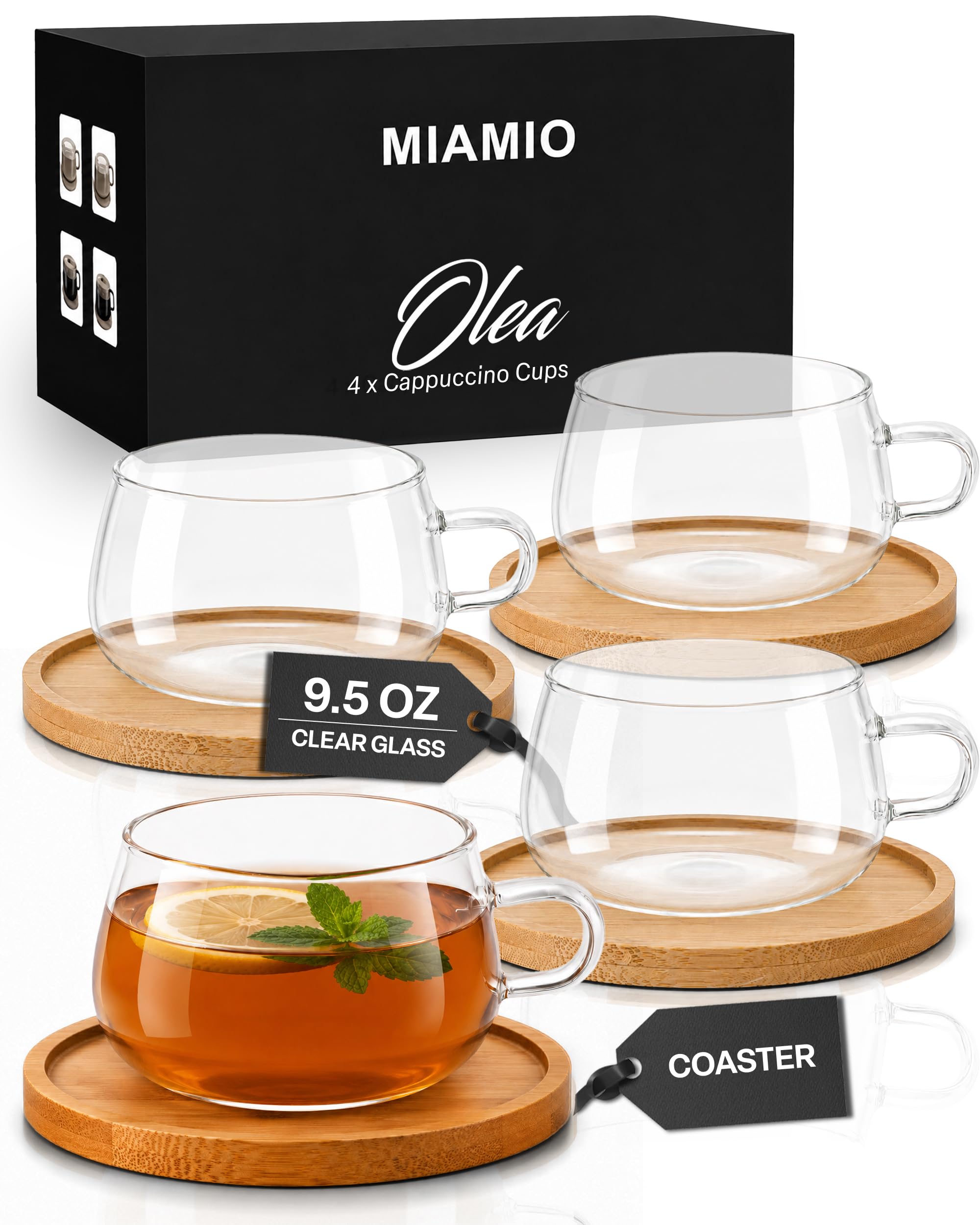 MIAMIO  Cappuccino Glasses/Tea Glasses Set (4x9.5 oz)  Olea (Clear)