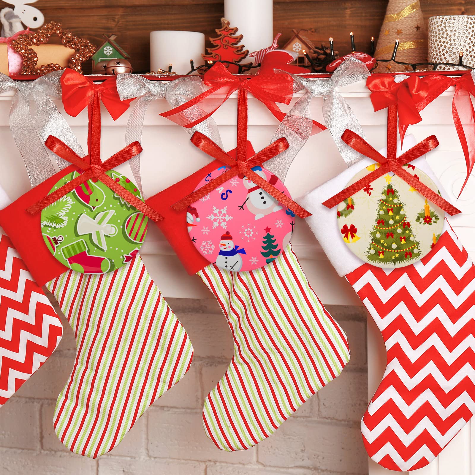 Patelai 15 Pieces Christmas Sublimation Ceramic Ornaments 3.15 Inch Round White Ceramic Christmas Ornaments DIY Blanks with Red