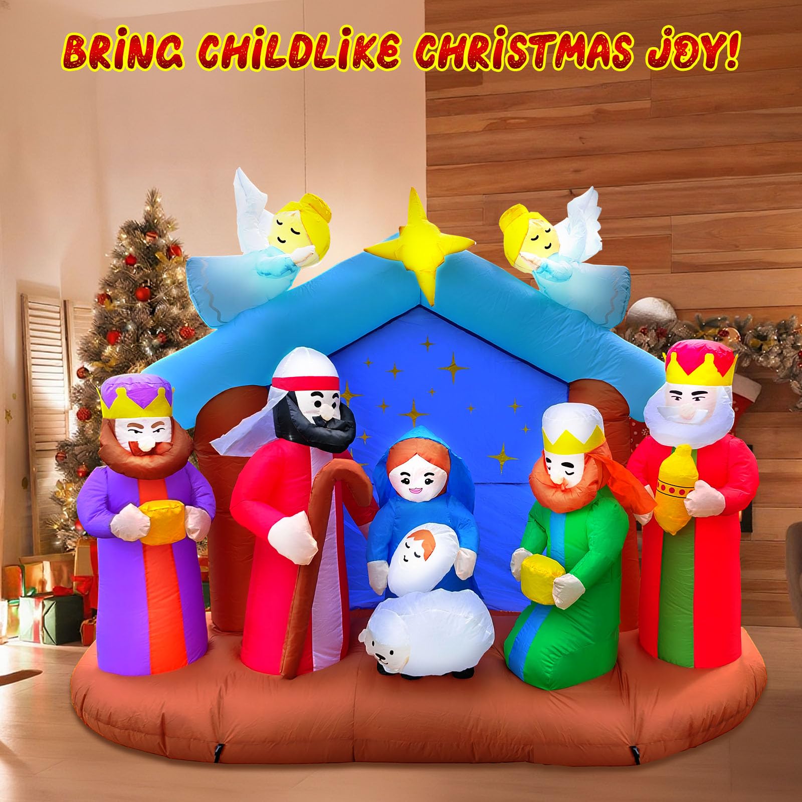 SRANWOW 8 FT Christmas Inflatable Nativity Scene Outdoor Decorations with 10 LED Lights Christmas Blow Up Yard Decoration Holida