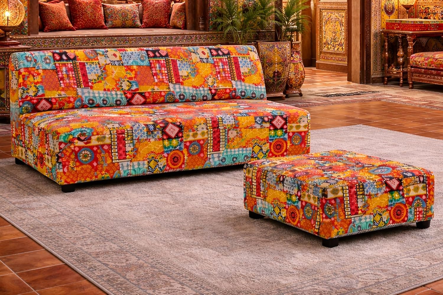 Rosebell 3 Seater Wooden Sofa Set With Ottoman | Multicolor Printed Fabric Sofa | Comfortable Living Room Sofa Set