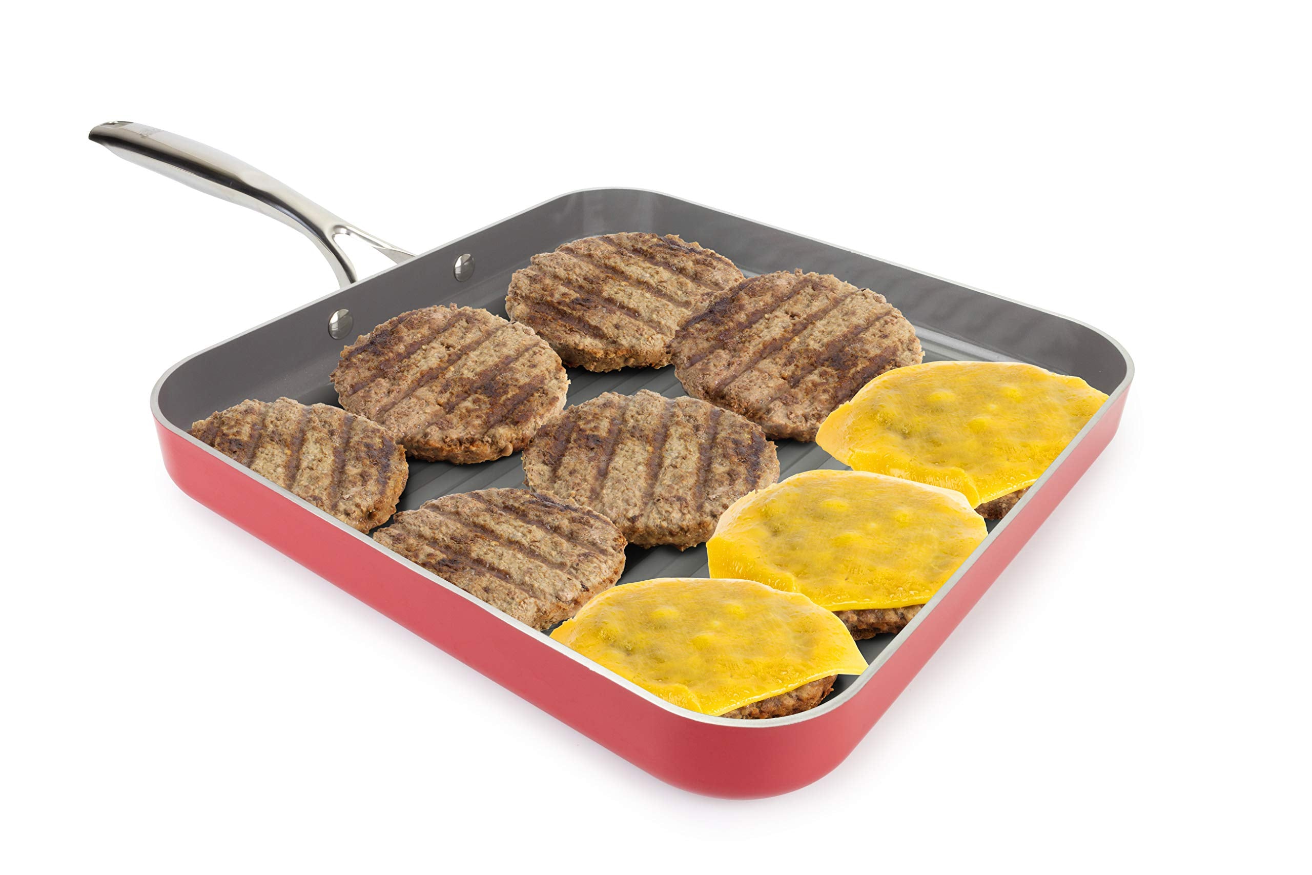 Eazy Mealz Square Non-Stick Grill Pan For Stove, Light Weight, Perfect Grill Marks, Oven Safe Up To 500 Degrees, Extra Large, 12