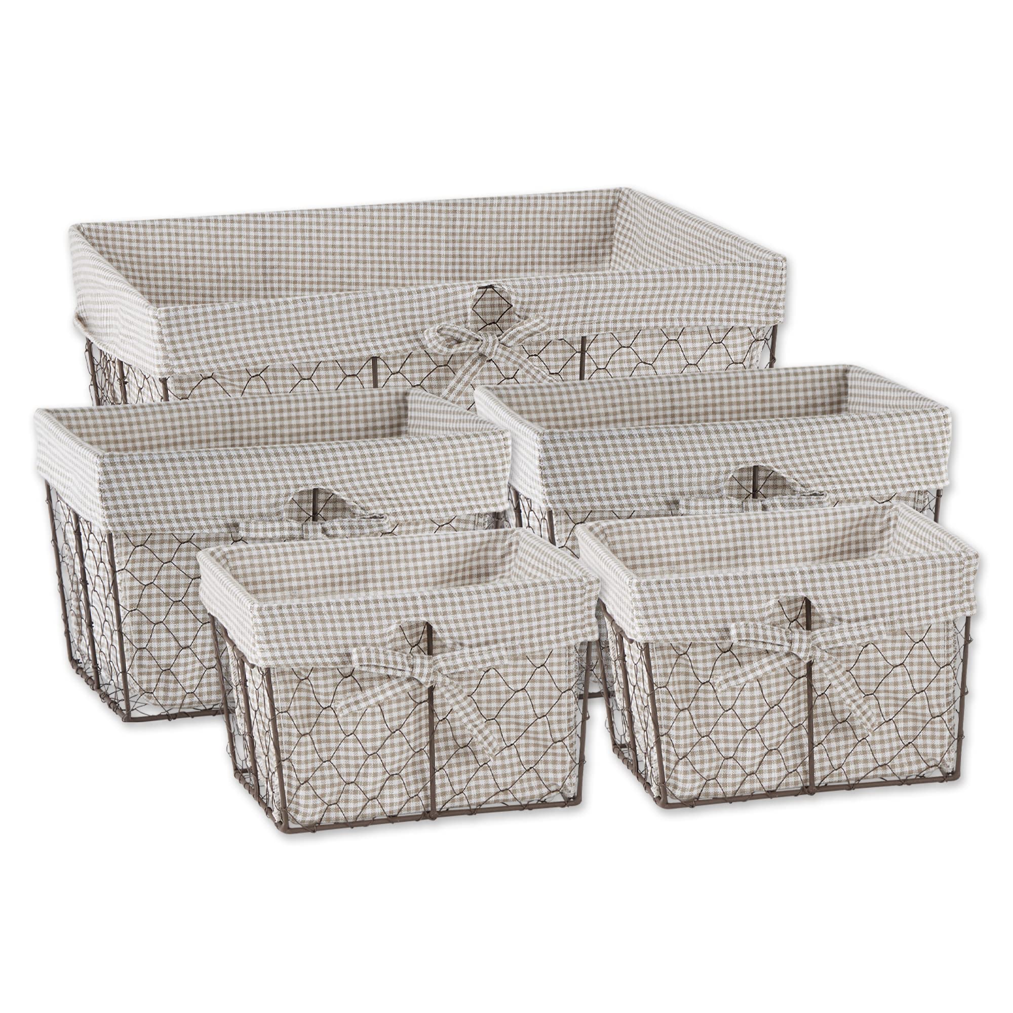 ASST RUSTIC BRONZE CHICKEN WIRE STONE & WHITE GINGHAM CHECK LINER BASKET SET/5