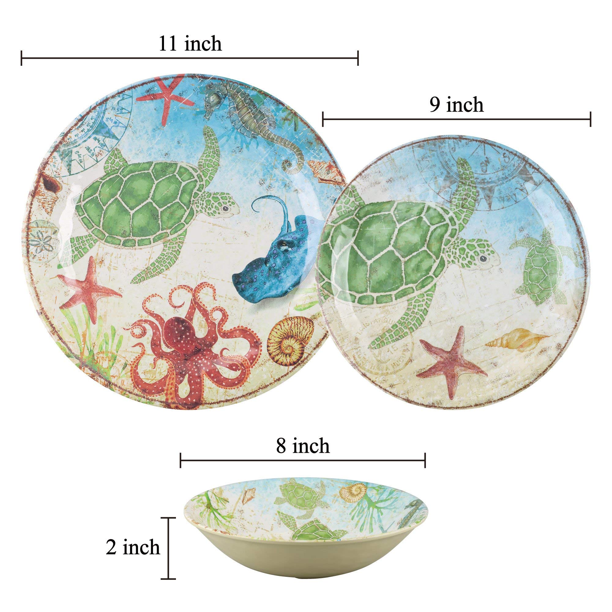 UPware 12-Piece Melamine Dinnerware Set, Includes Dinner Plates, Salad Plates, Bowls, Service for 4. (Sea Turtle)