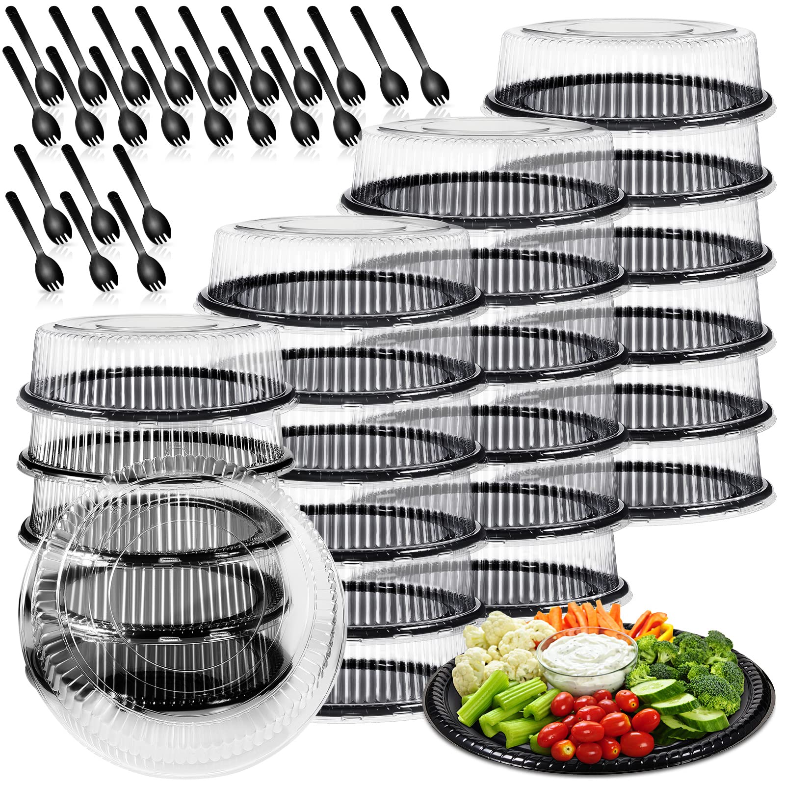 Tessco 24 Pack 12 Inch Heavy Duty Serving Tray With Clear Lid And Sporks, Large Plastic Tray With Elegant Platter Round Black Di