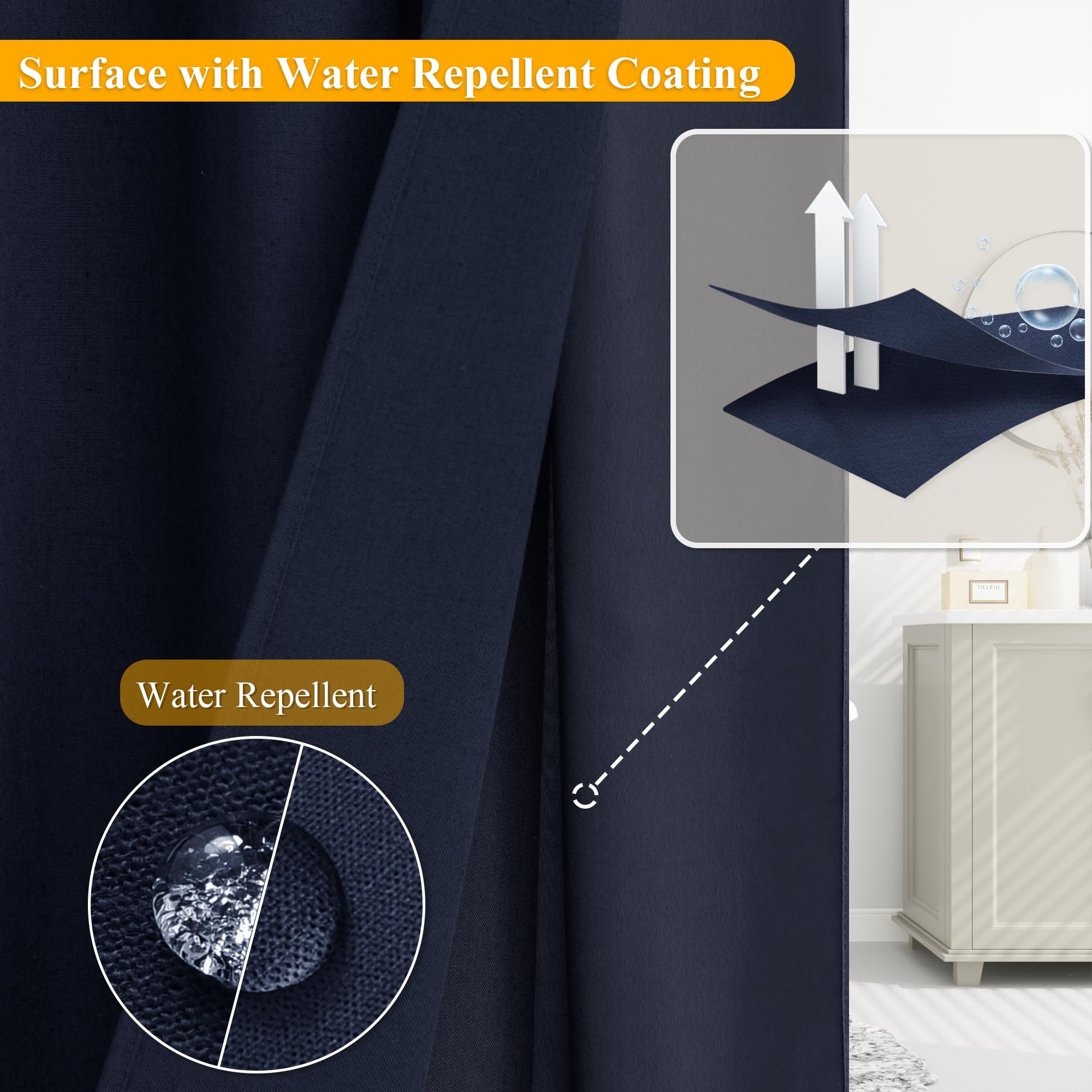 Jowels Extra Long No Hook Linen Cloth Shower Curtain With Snap In Liner Fabric, Split Design Shower Curtain, Navy Blue Shower Cu