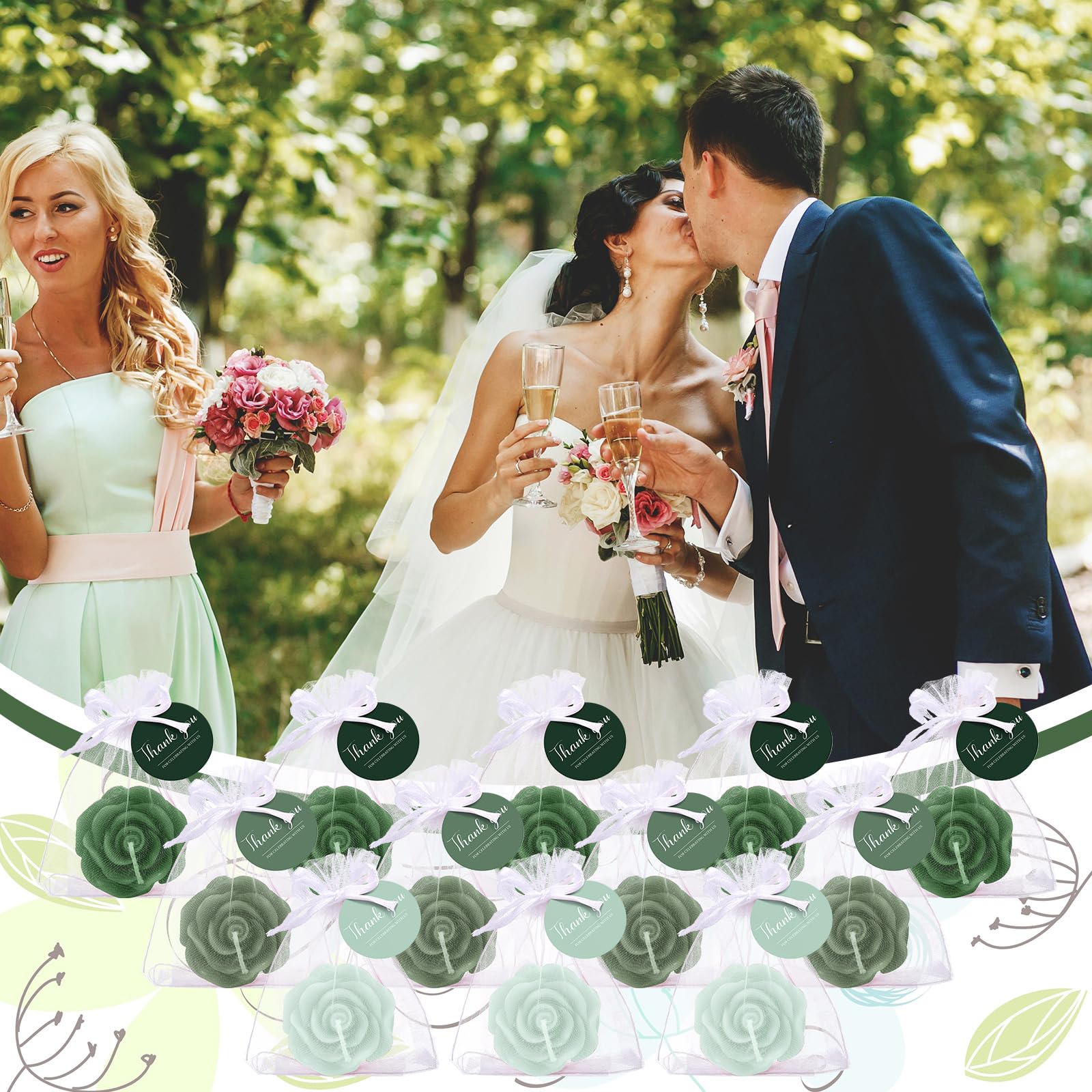 Treela 24 Set Flower Candles Wedding Favor for Guests Mini Sage Green Rose Shaped Tealight Candles for Return Gift Wedding Birth