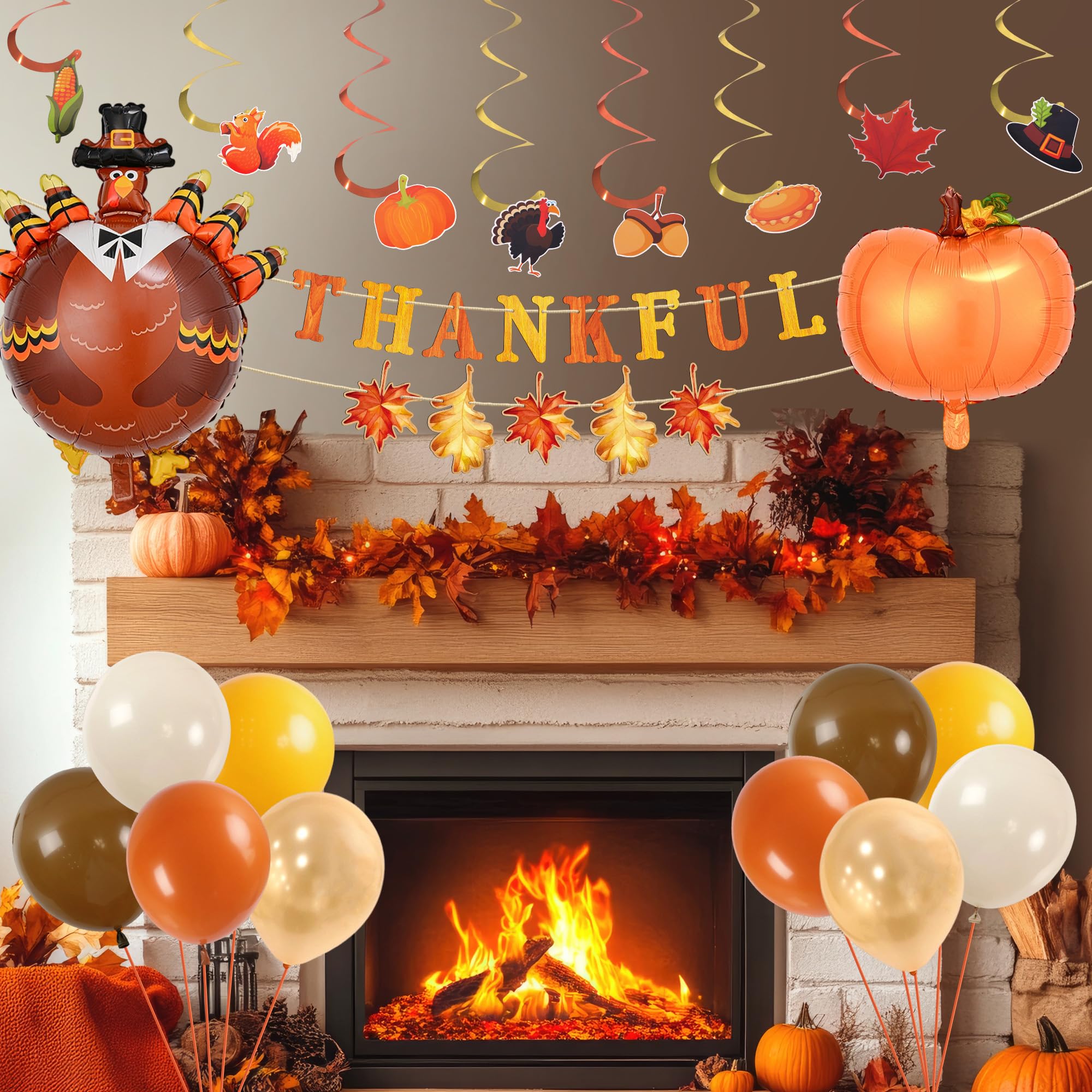 Party to Be Thanksgiving Decorations Set of 30 Pieces Thankful Banner in Wood, Hanging Swirls, Pumpkin and Turkey Balloon Kit Fa