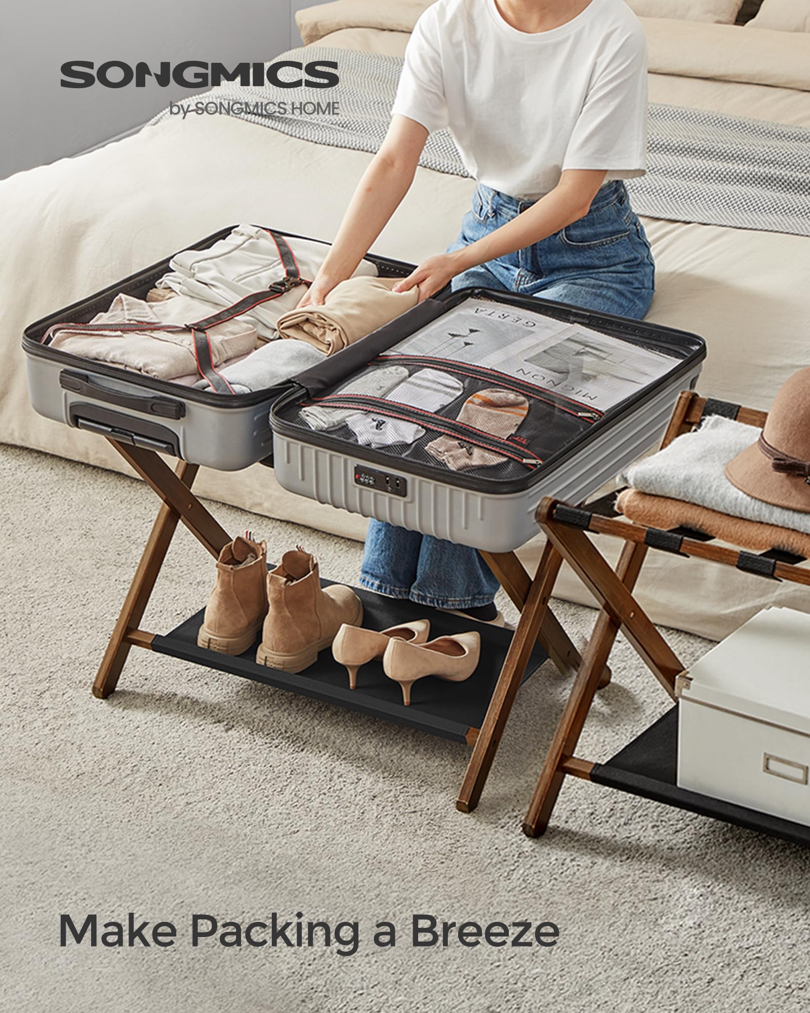 Songmics Luggage Rack, Set Of 2, Folding Suitcase Stand With Storage Shelf, For Guest Room, Hotel, Bedroom, Heavy-Duty, Holds Up