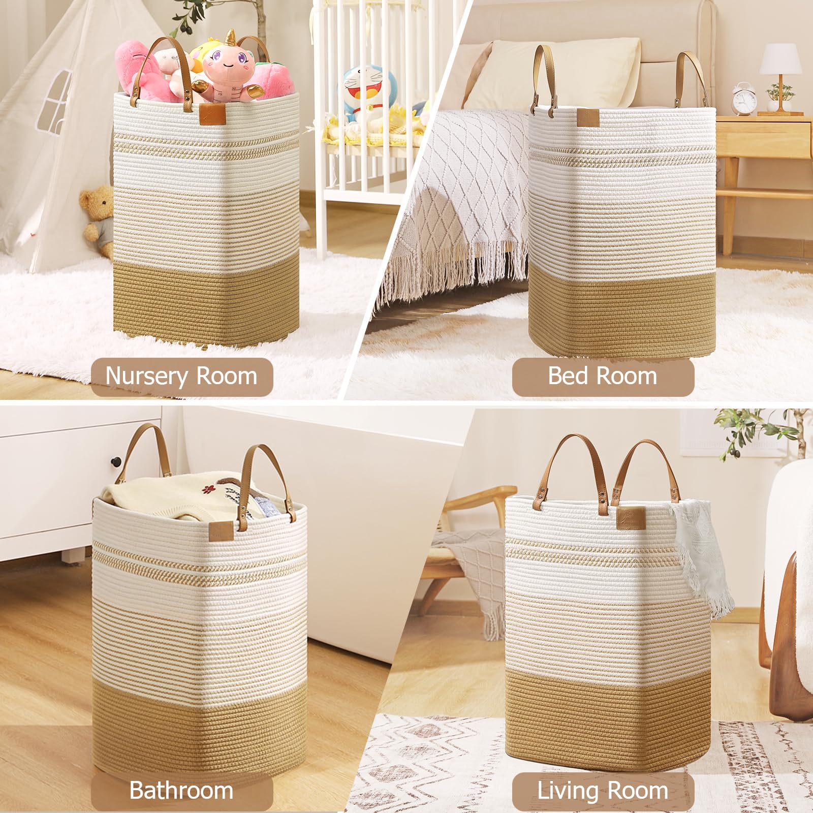 Danpinera Large Laundry Hamper - 75L Tall Woven Cotton Storage Basket With Leather Handles, Slim Dirty Clothes Hamper, Decorativ