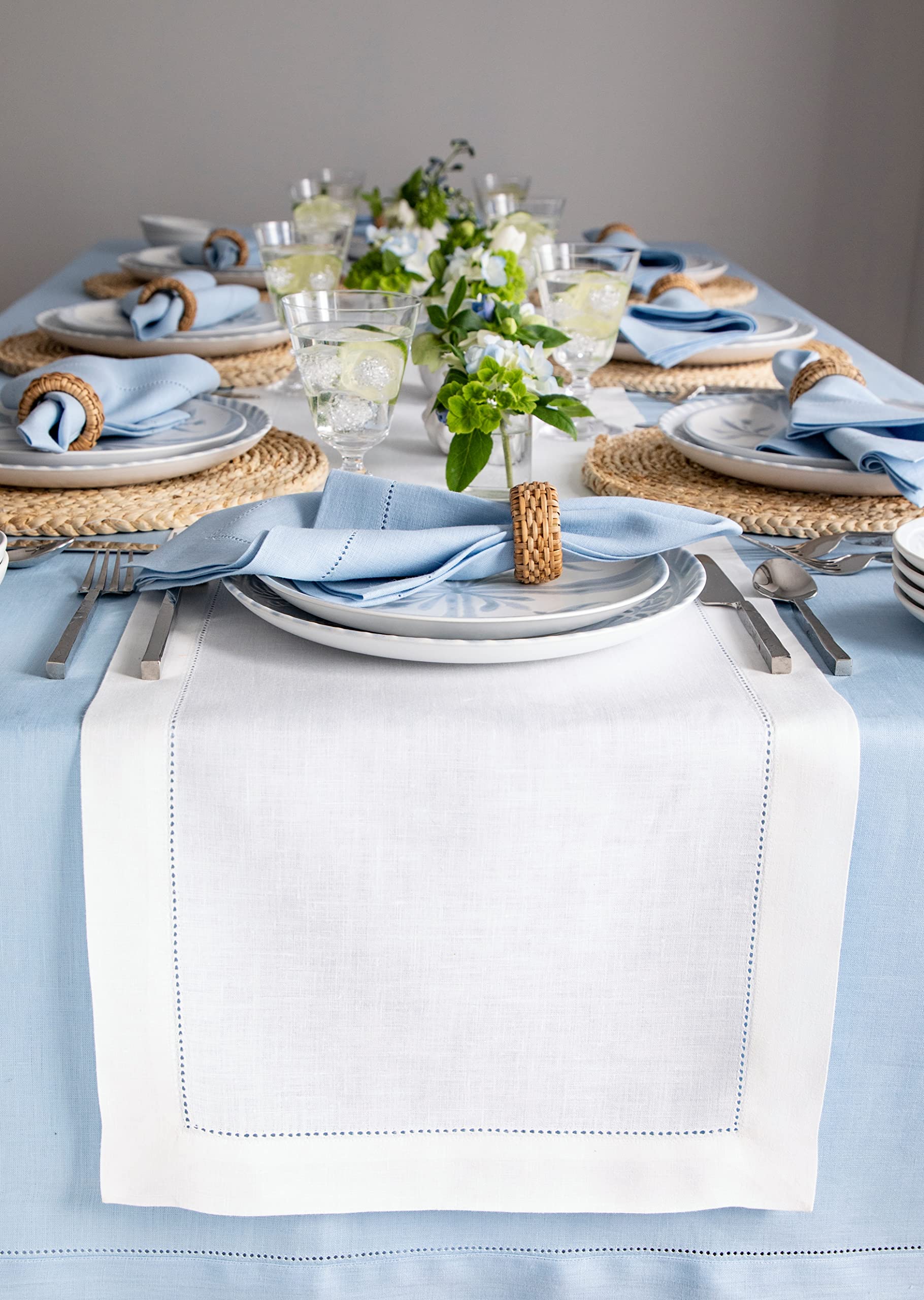 Solino Home Linen White Table Runner 132 Inches Long - 100% Pure Linen Classic Hemstitch Dining Table Runner 14 X 132 Inch Ideal