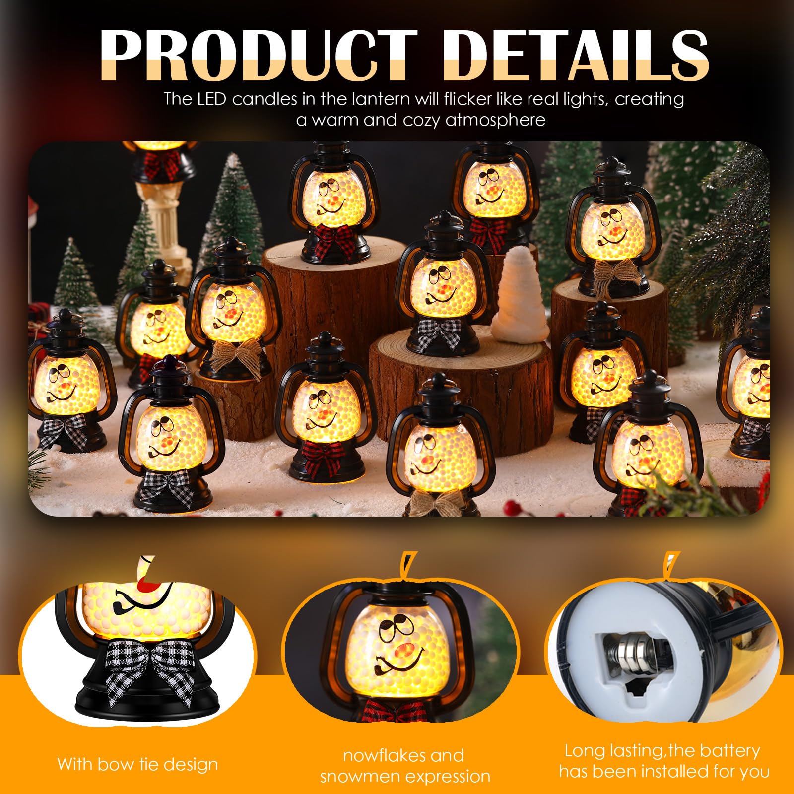 ROCEEI 24 Pcs Christmas Mini Snowman Lanterns Decorative with Flickering LED Candles Buffalo Plaid Bow Small Winter Portable Tab