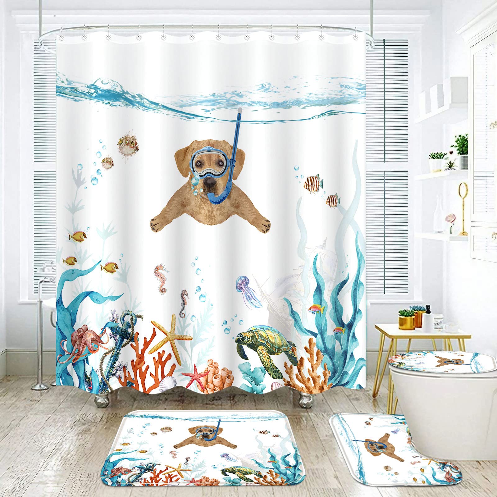 Fungarth 4 Pcs Funny Dog Shower Curtain Set With Rug Teal Blue Sea Ocean Bathroom Sets With Waterproof Fabric Shower Curtain And