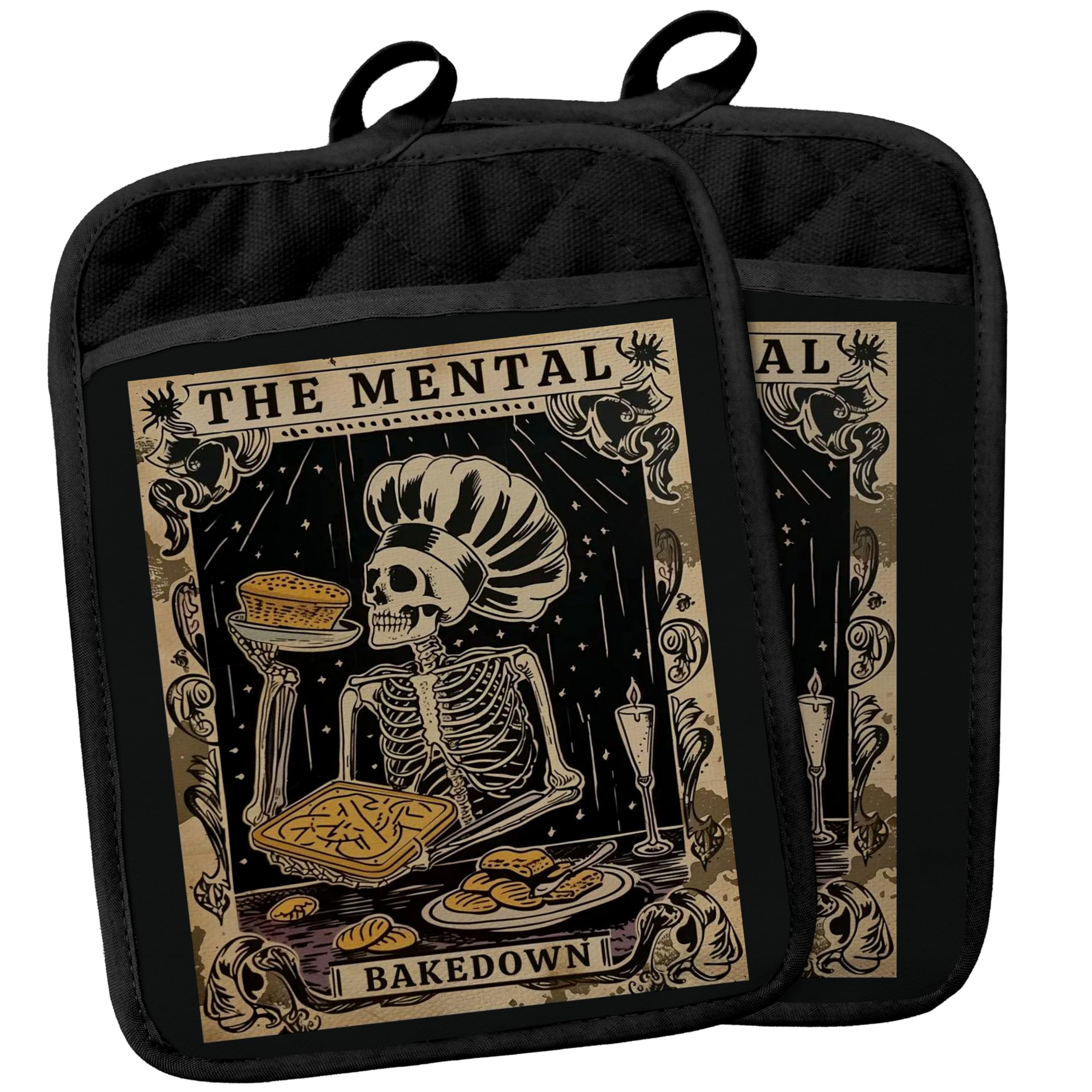 Gothic Skeleton Pot Holders with Pockets, Funny Baking Gifts Pot Holders Heat Resistant Oven Mitts Hot Pads for Kitchen Baking C