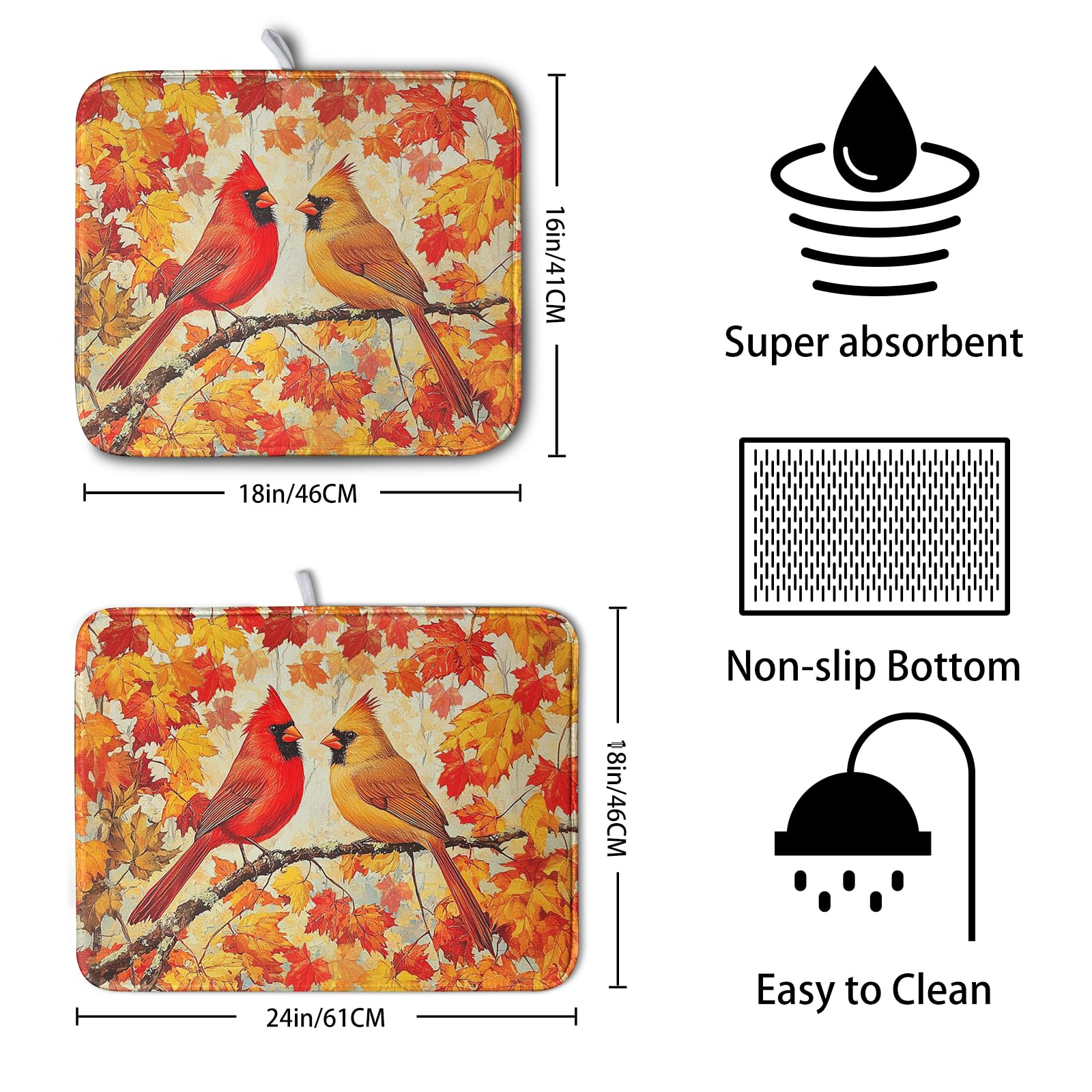 Kwlegh Fall Dish Drying Mats for Kitchen Counter Maple Leaf Cardinal Birds Dish Draining Mat 18x24 Inch Autumn Thanksgiving Dish