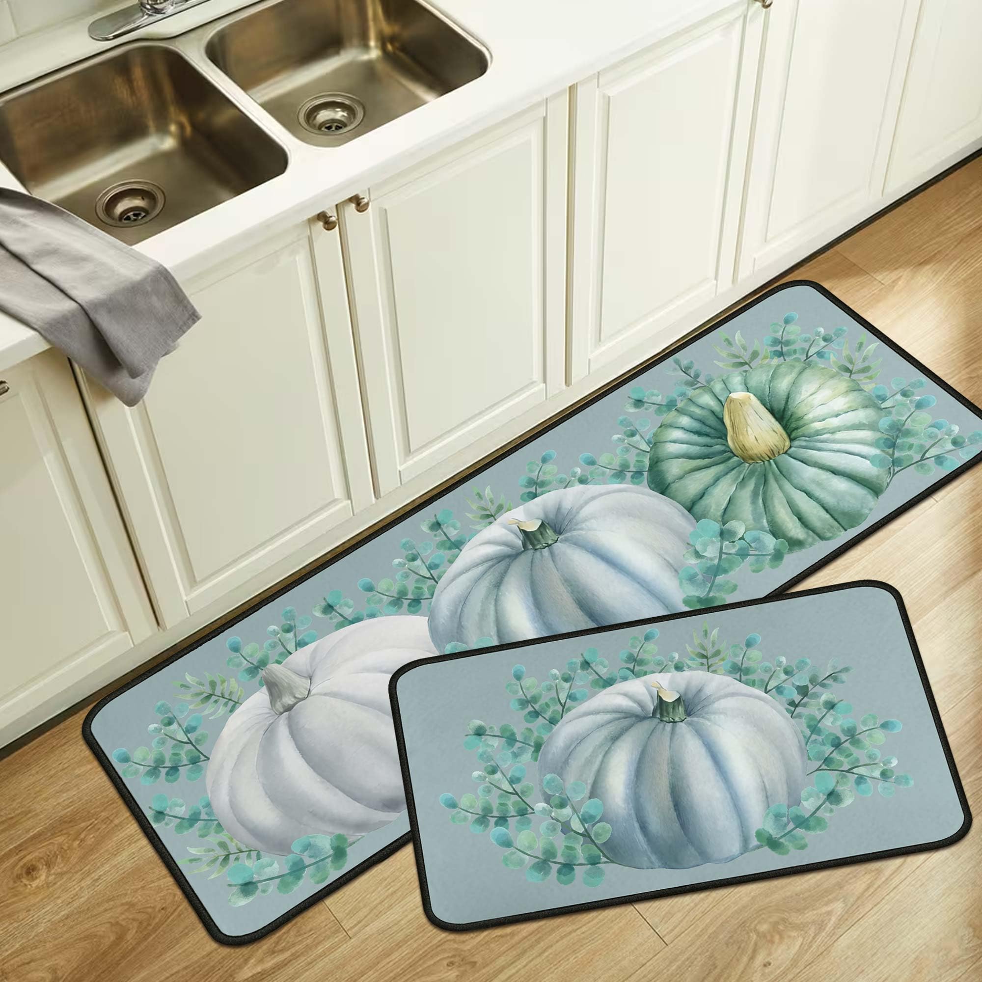 Blue Pumpkin Decorative Fall Kitchen Rugs Set of 2, Autumn Harvest Pumpkin Thanksgiving Front Door Mat Floor Rug for Fall Home H