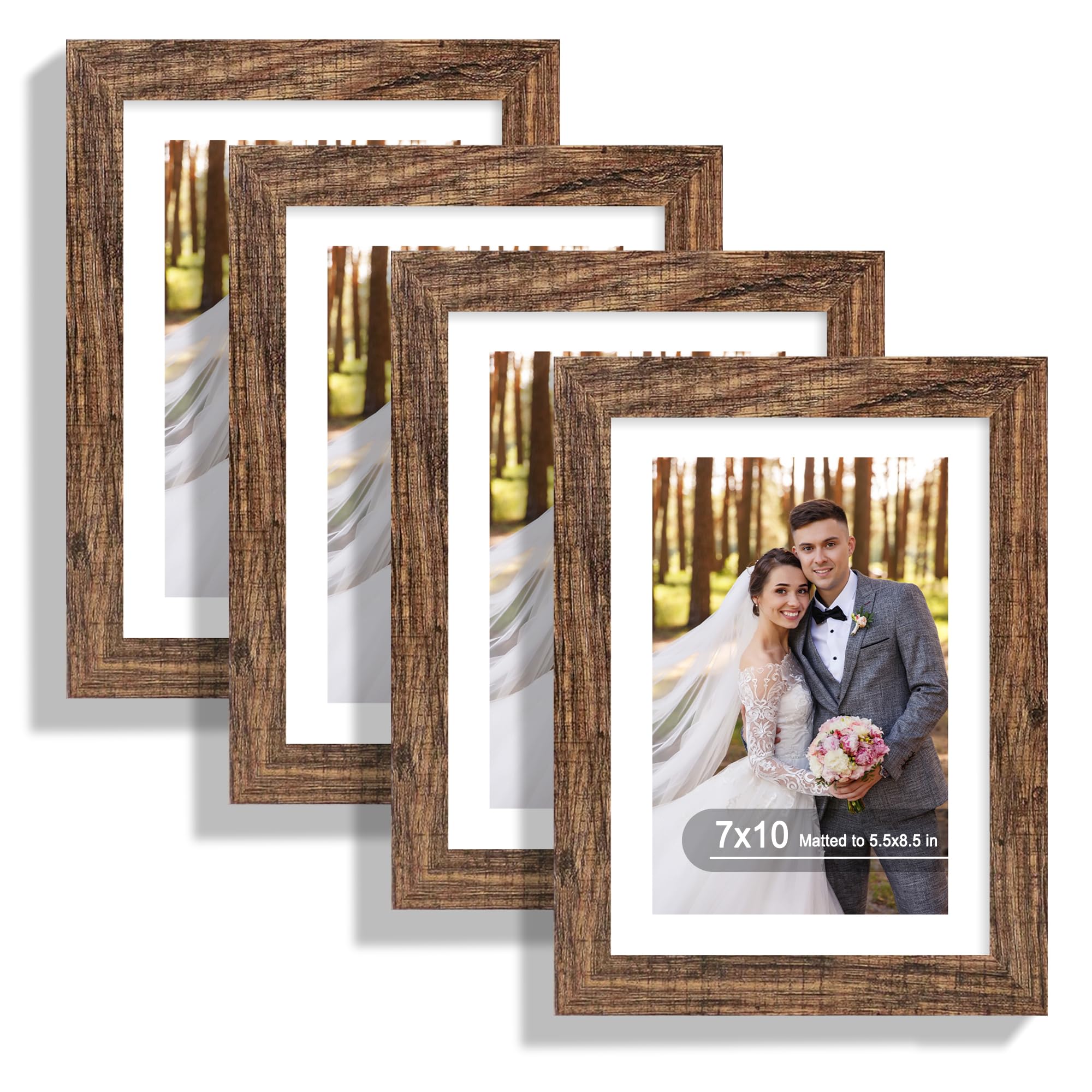 Hongkee 7x10 Picture Frame Set of 4, Made of Real Glass and Rustic Brown Frame - Display Picture 5.5x8.5 with Mat or 7x10 Withou