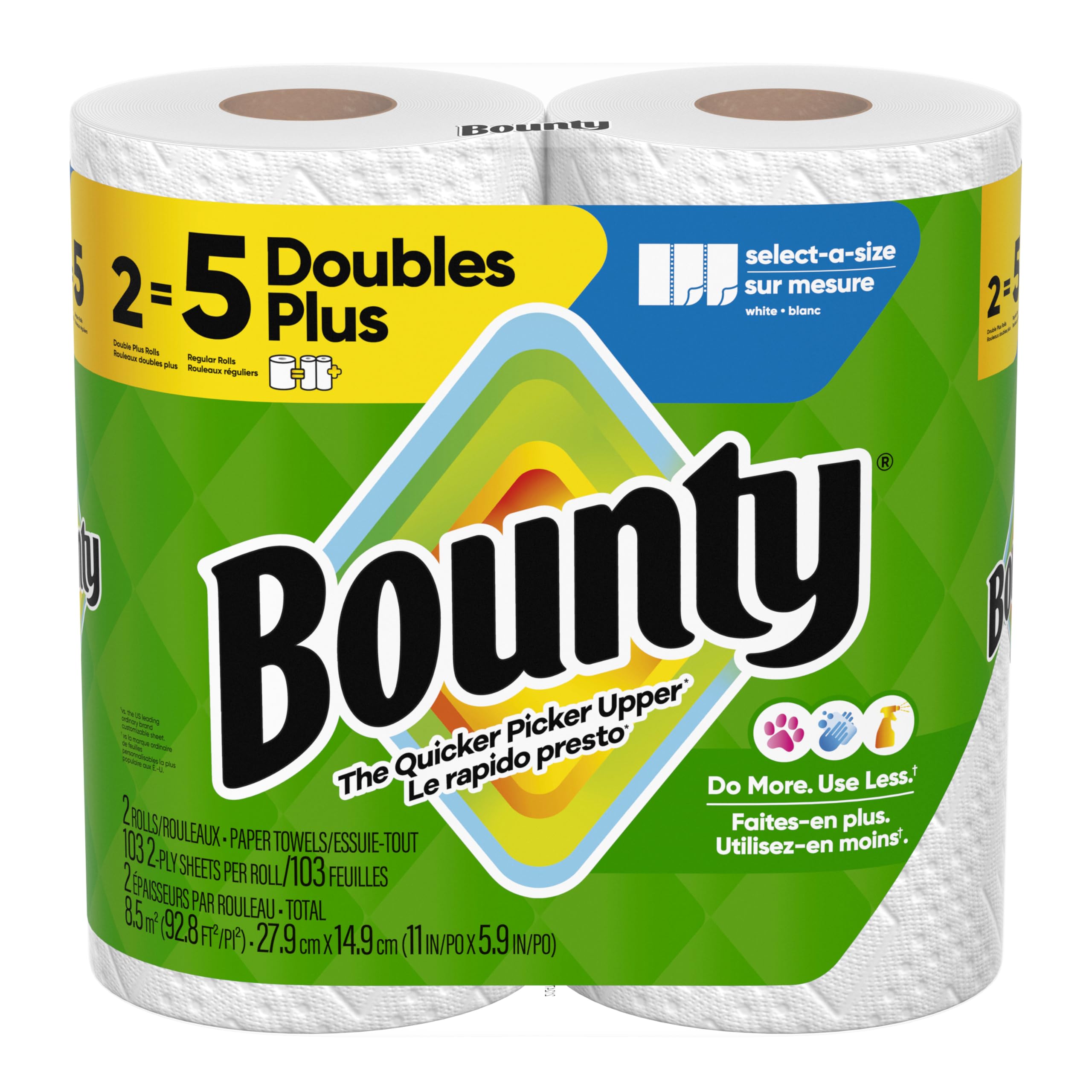Bounty Paper Towels Select-A-Size, White, 2 Double Plus Rolls = 5 Regular Rolls