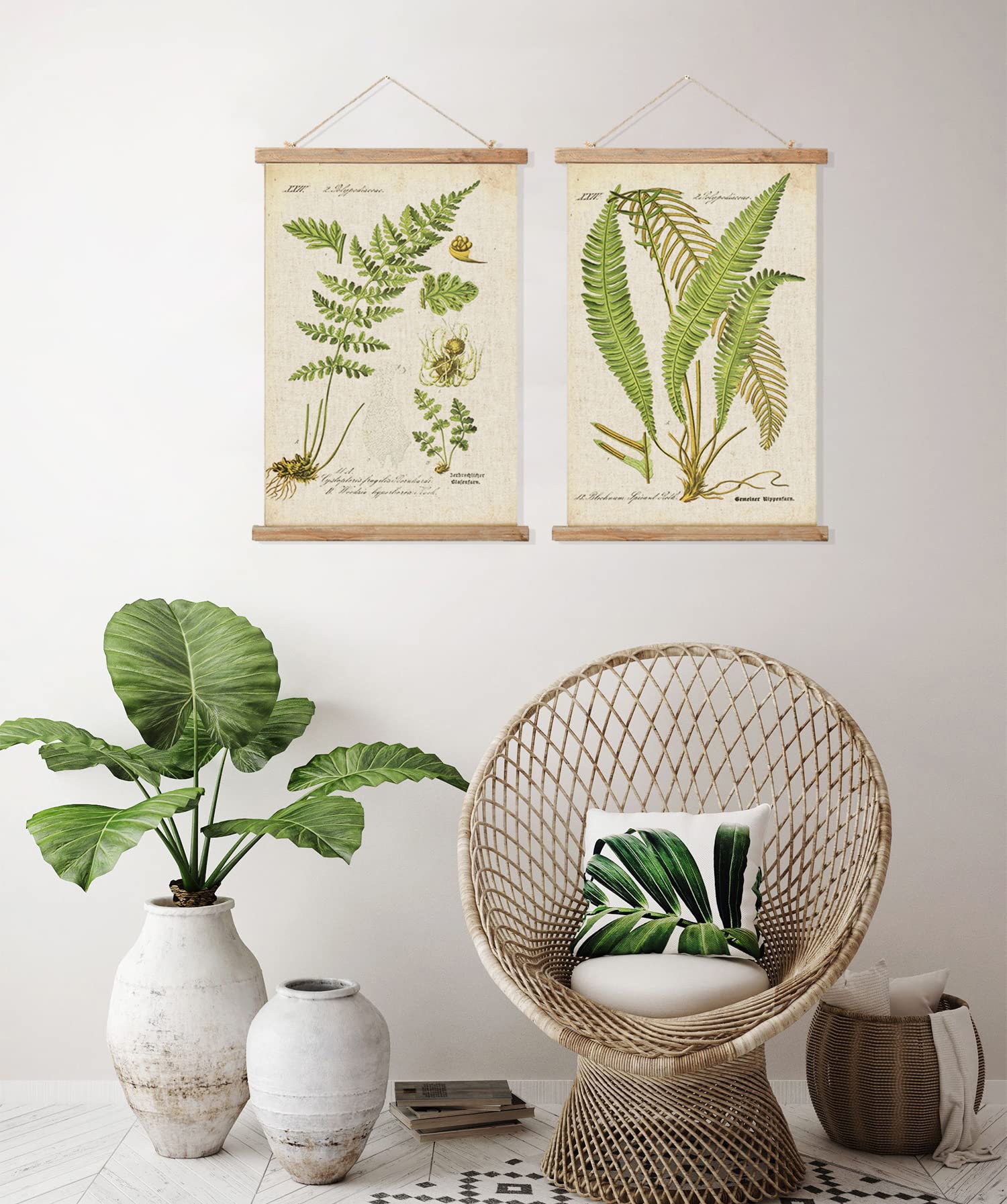 2 Pack Vintage Ferns Poster Hanger Frame, Retro Style Wall Art Prints, Printed On Linen With Natural Wooden Frames, For Living R
