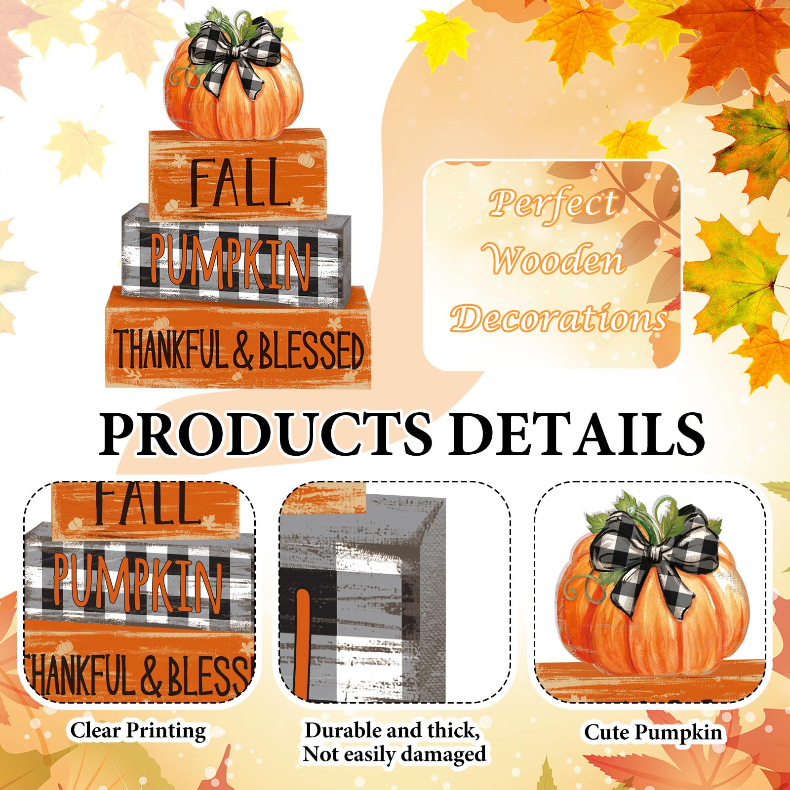 4 Pcs Fall Thanksgiving Decor for Home Buffalo Plaid Pumpkin Wooden Signs with Blessed Autumn Tiered Tray Decor Grid Pumpkin Tab