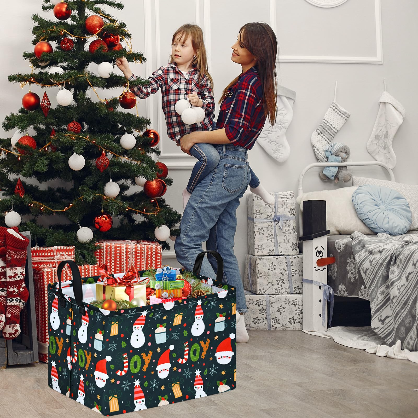 MAIZMZ Xmas Gifts Basket for Kids Santa Claus Snowman Storage Baskets Collapsible Nursery Hamper Waterproof Clothes Toy Bin Book