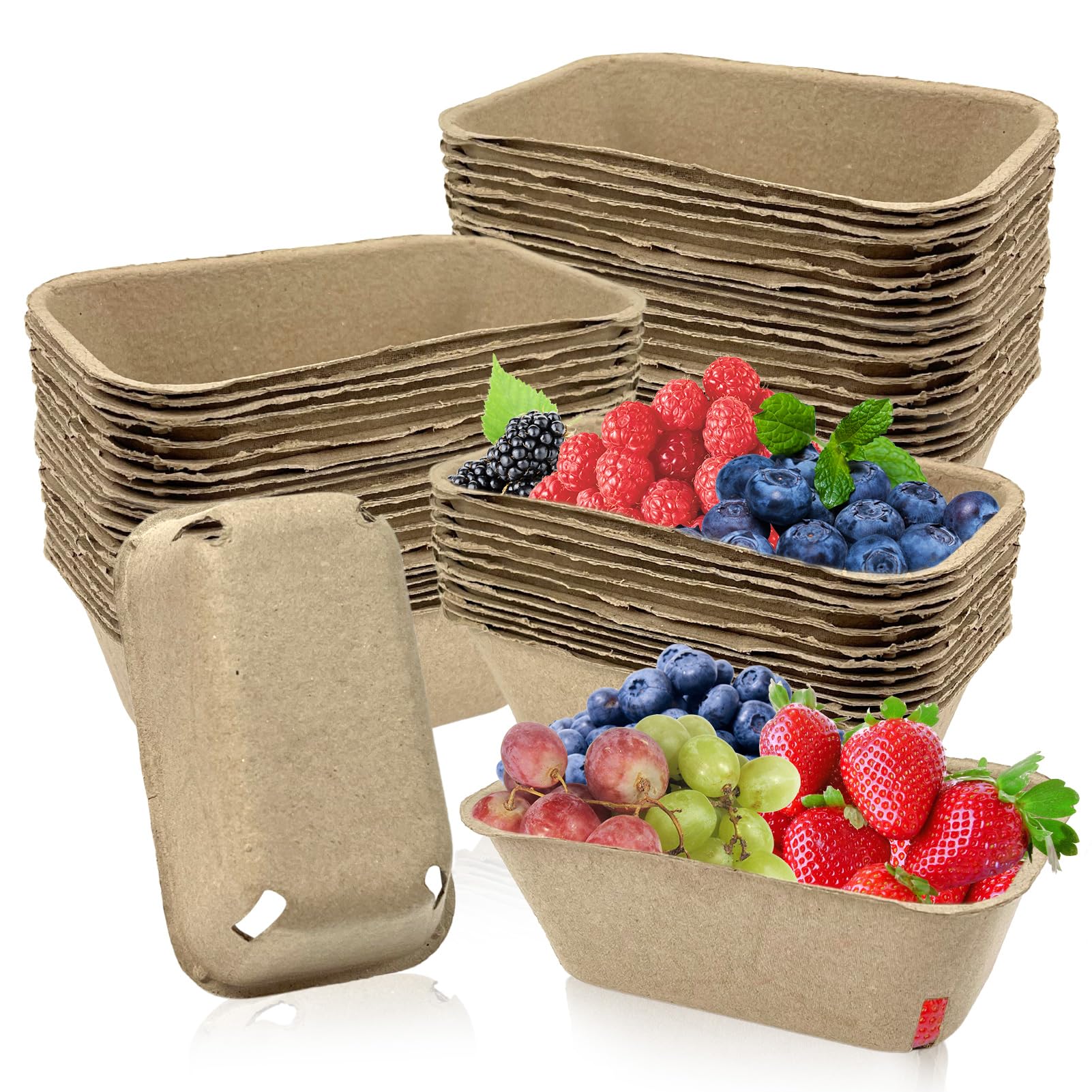 Rainmae 50 Pack Natural Pulp Fiber Large Berry Basket for Picking Fruit, Molded Berry Basket for Blueberry Raspberry Cherry Stra