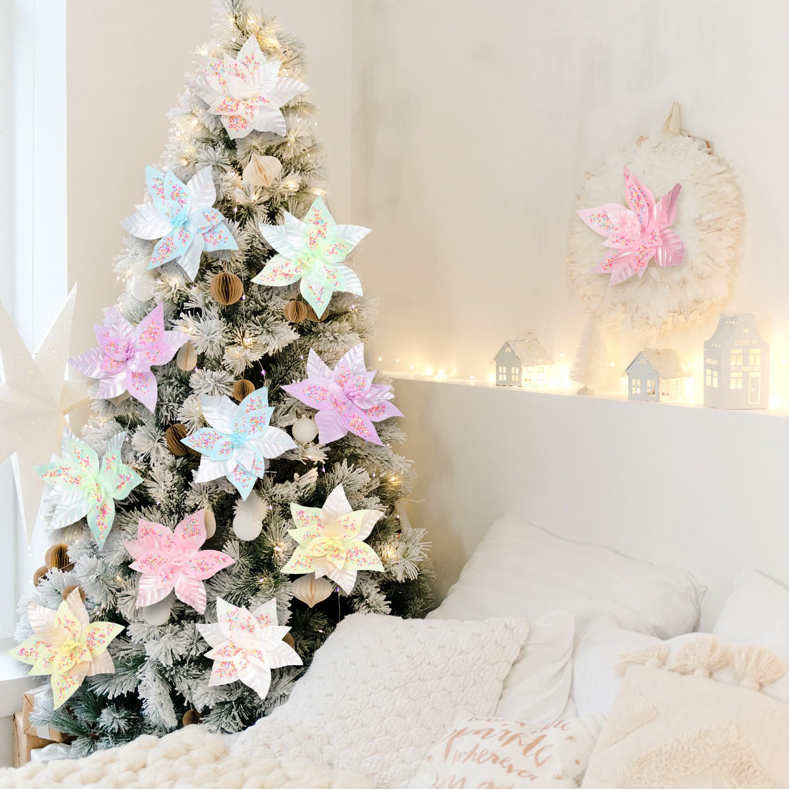Soulchen 12 Pcs Pastel Christmas Poinsettia Flowers with Stems 9.8 Artificial Pastel Poinsettia Candy Christmas Tree Ornaments