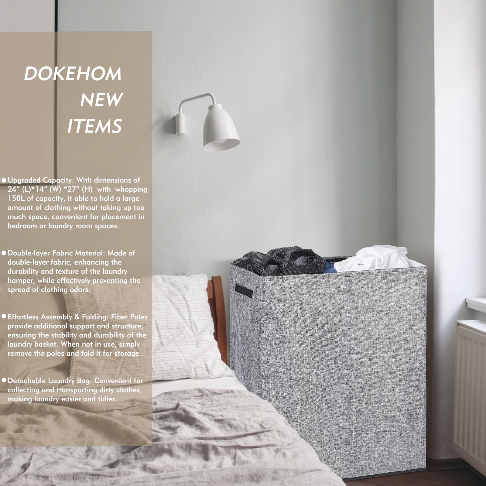 Dokehom 150L Double Laundry Basket With Lid And Removable Laundry Bags, Large Collapsible Laundry Hamper With 2 Sections For Bed