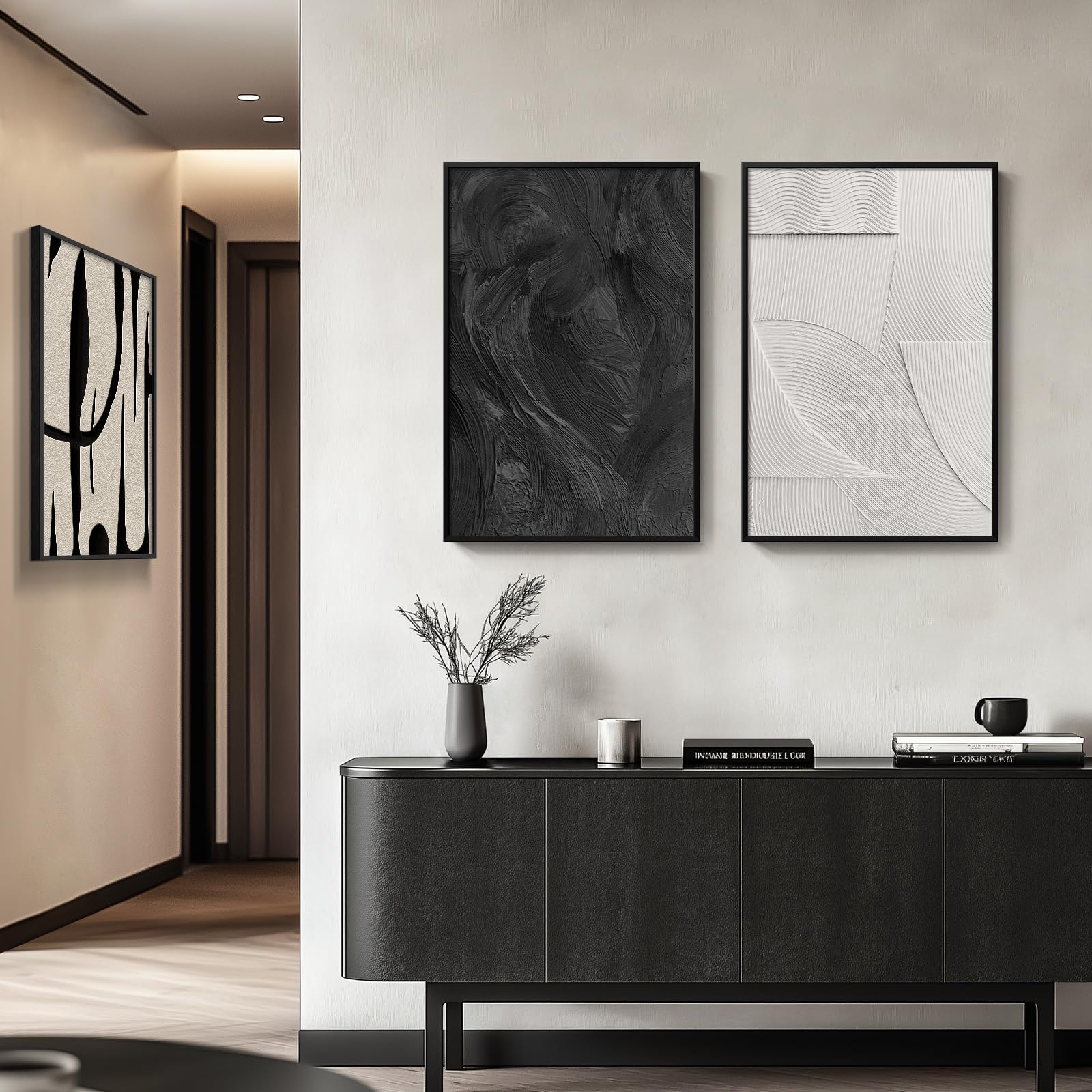 Framed Black And White Abstract Wall Art For Living Room, 3-Piece Modern Canvas Art Work Wall Decor, Minimalist Abstract Paintin