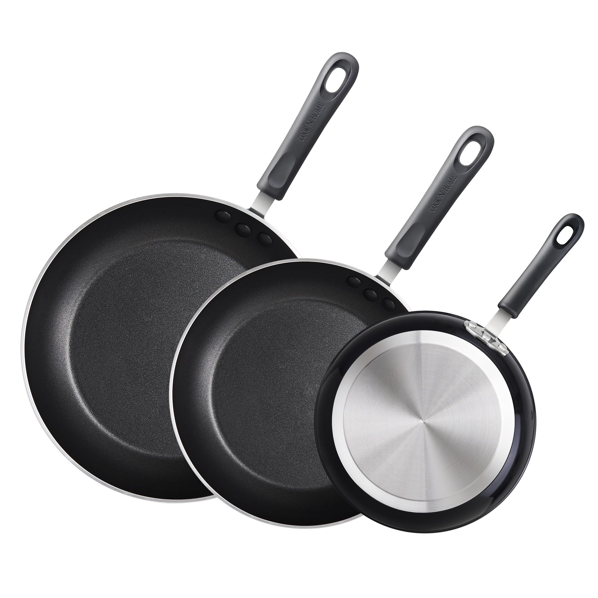 Cook N Home Basics Nonstick Frying Pan Set, 8/9.5/11-Inch 3-Piece Non Stick Saute Fry Pan Skillet Set, Black