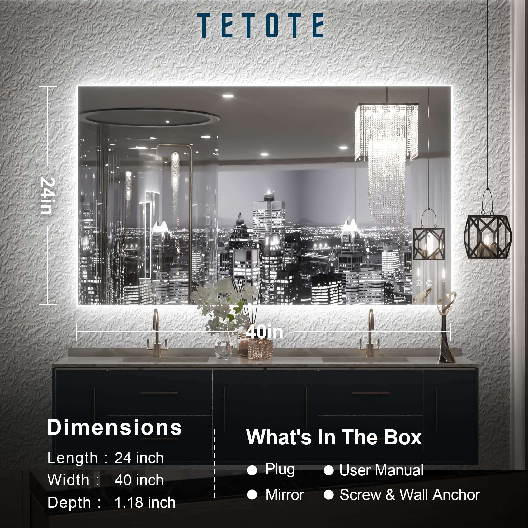 TETOTE 40 x 24 Inch LED Backlit Bathroom Vanity Mirror with Light Anti-Fog Dimmable CRI90+ Touch Button Water Proof Horizontal/Vertical Wall Mounted Lighted Mirror