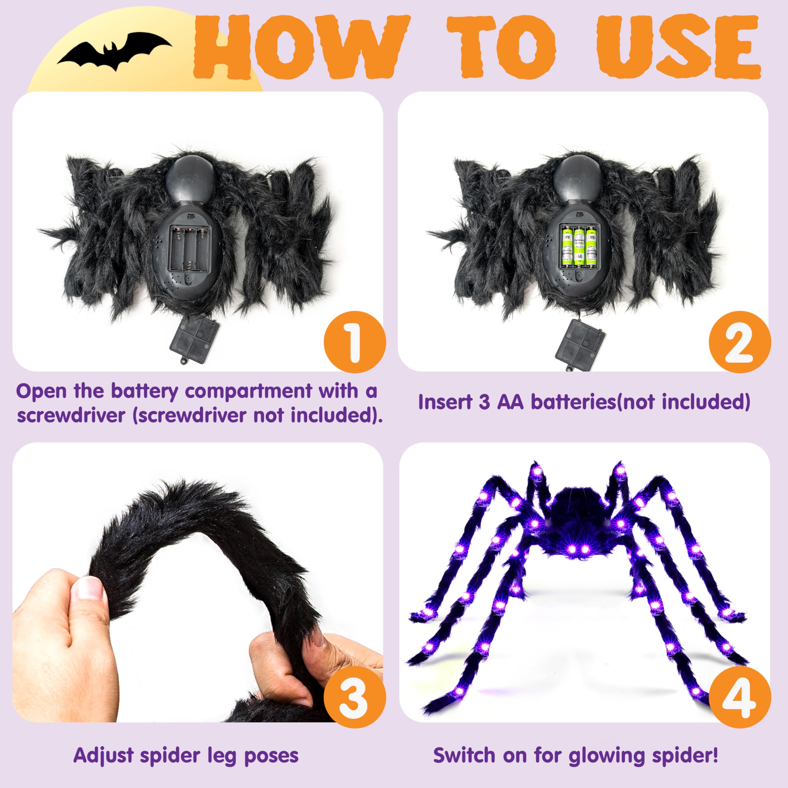 JOYIN Halloween Outdoor Decorations Light-Up Giant Spider, 5 Ft Large Black Hairy Spider with Purple LED for Yard Lawn Garden Ha