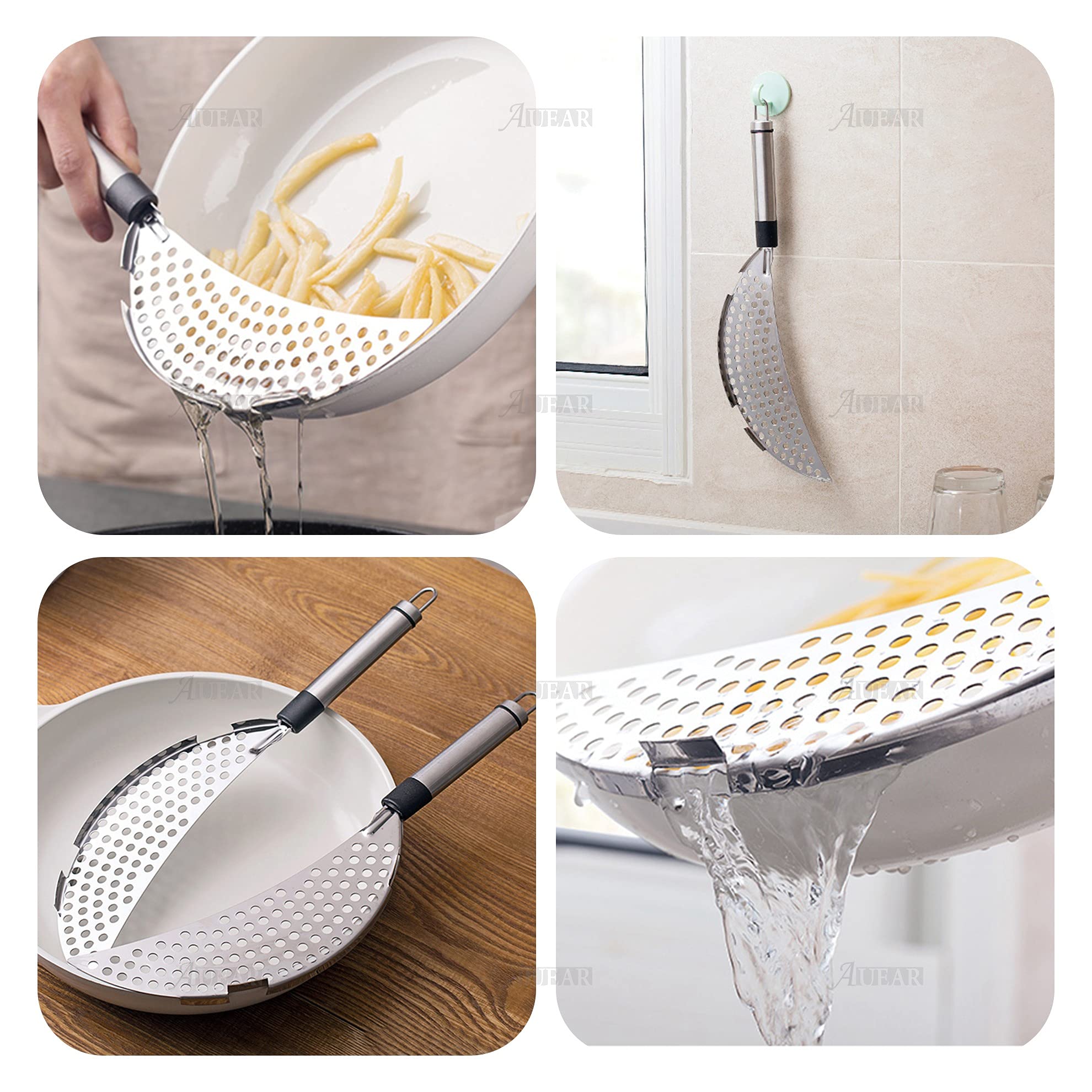 Auear, Grease Handheld Stainless Steel Pasta Strainer Insert Drainer For Different Pot Pan Kitchen Tools (1 Pack, Stainless Stee