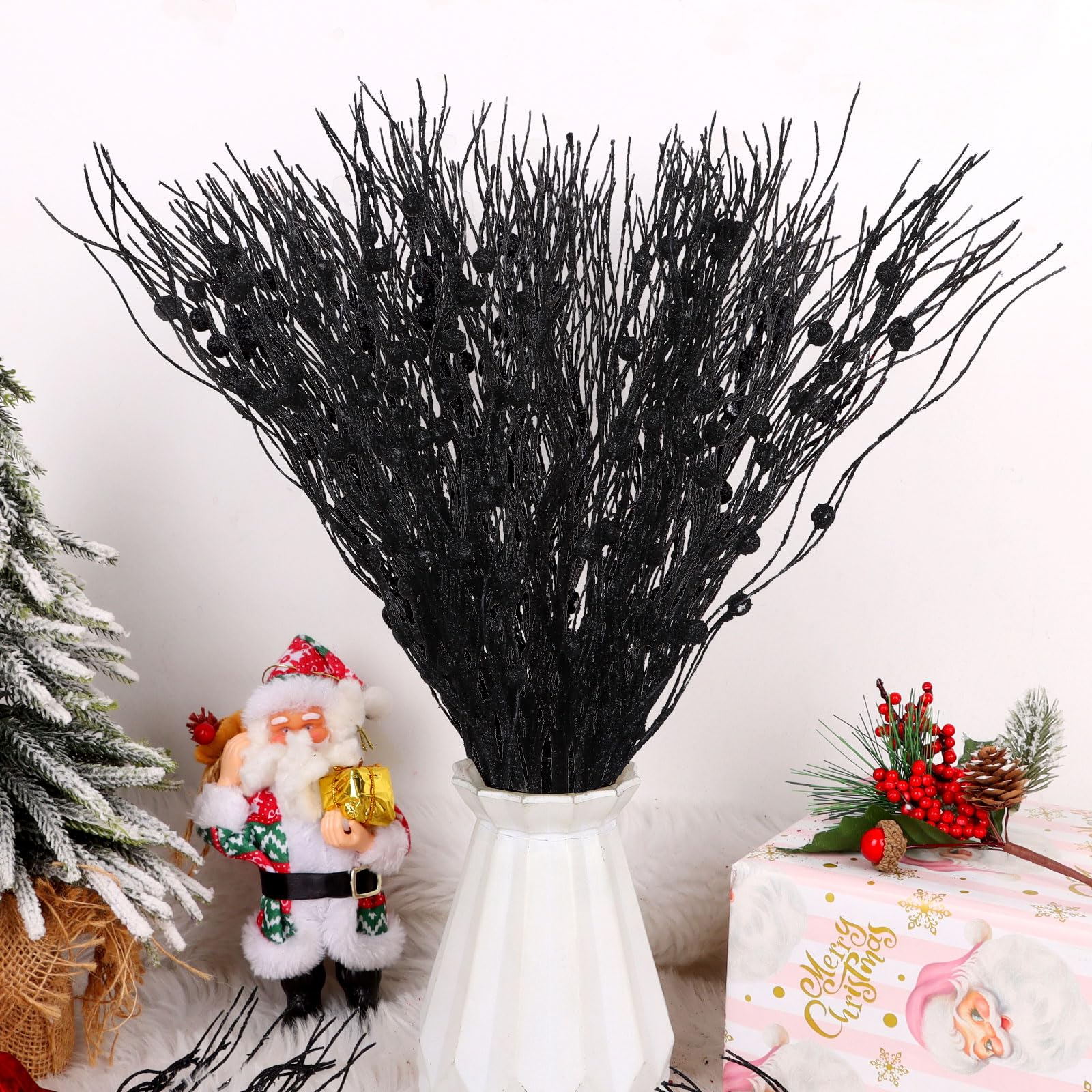 LOAVER 18 Pack Christmas Artificial Glitter Berry Stem Ornaments,17 Inches Decorative Picks Glittery Twigs Bead Sticks for Chris