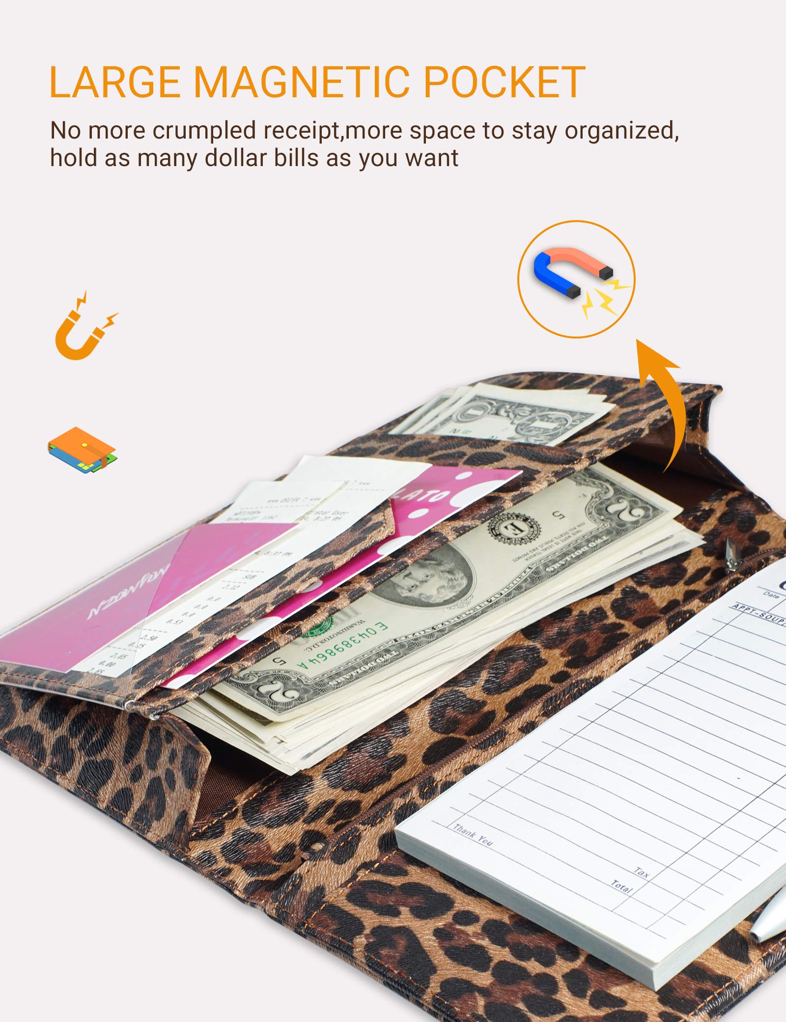 Server Book For Waitress Book With Zipper Pocket, 5X9 Leopard Magnetic Closure Server Wallet With Money Pocket And Zipper Pouch,