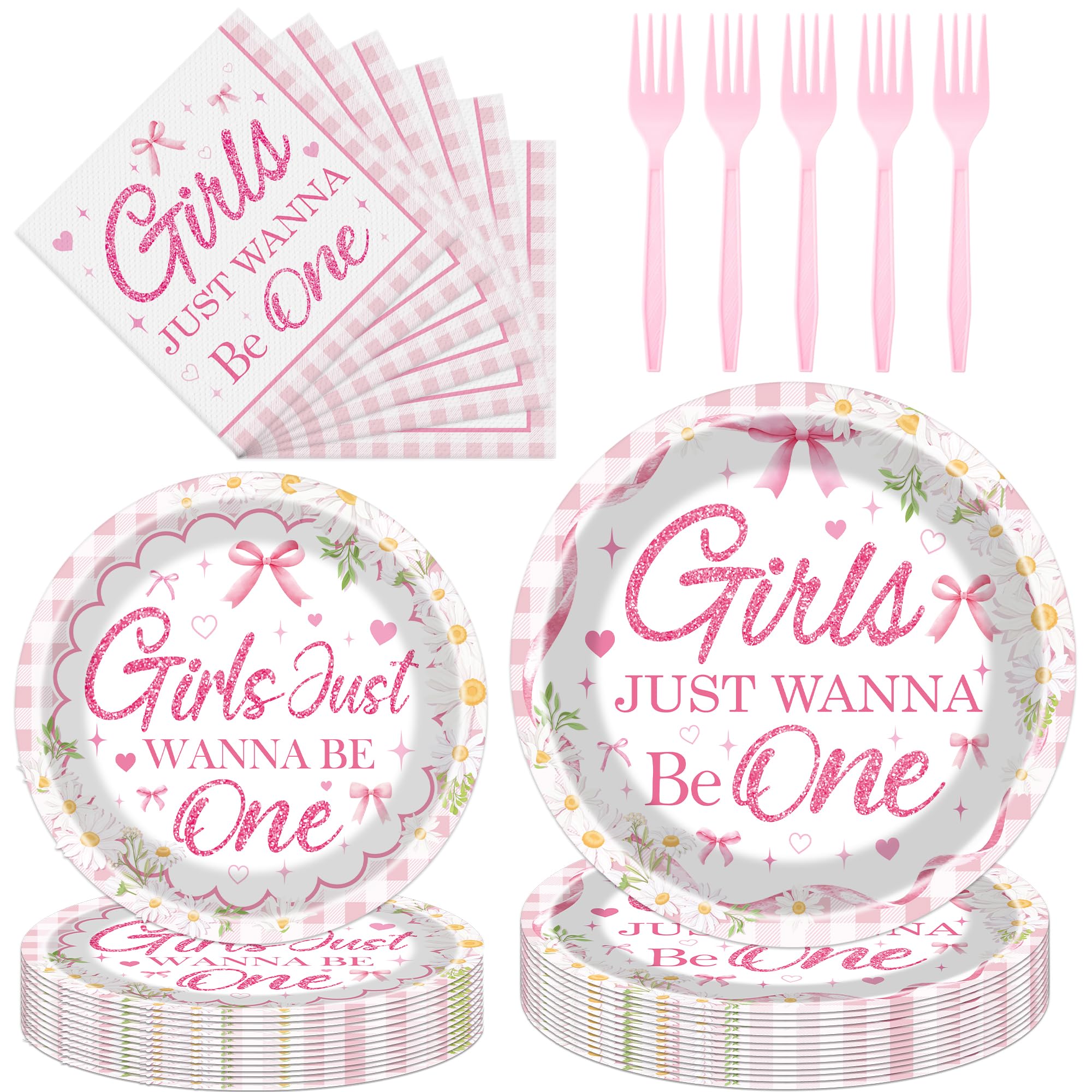 Hokinaa Bow 1st Birthday Decorations - 96 Pcs Girls Just Wanna Be One Tableware, Disposable Pink Bow Wildflower Paper Plates Nap