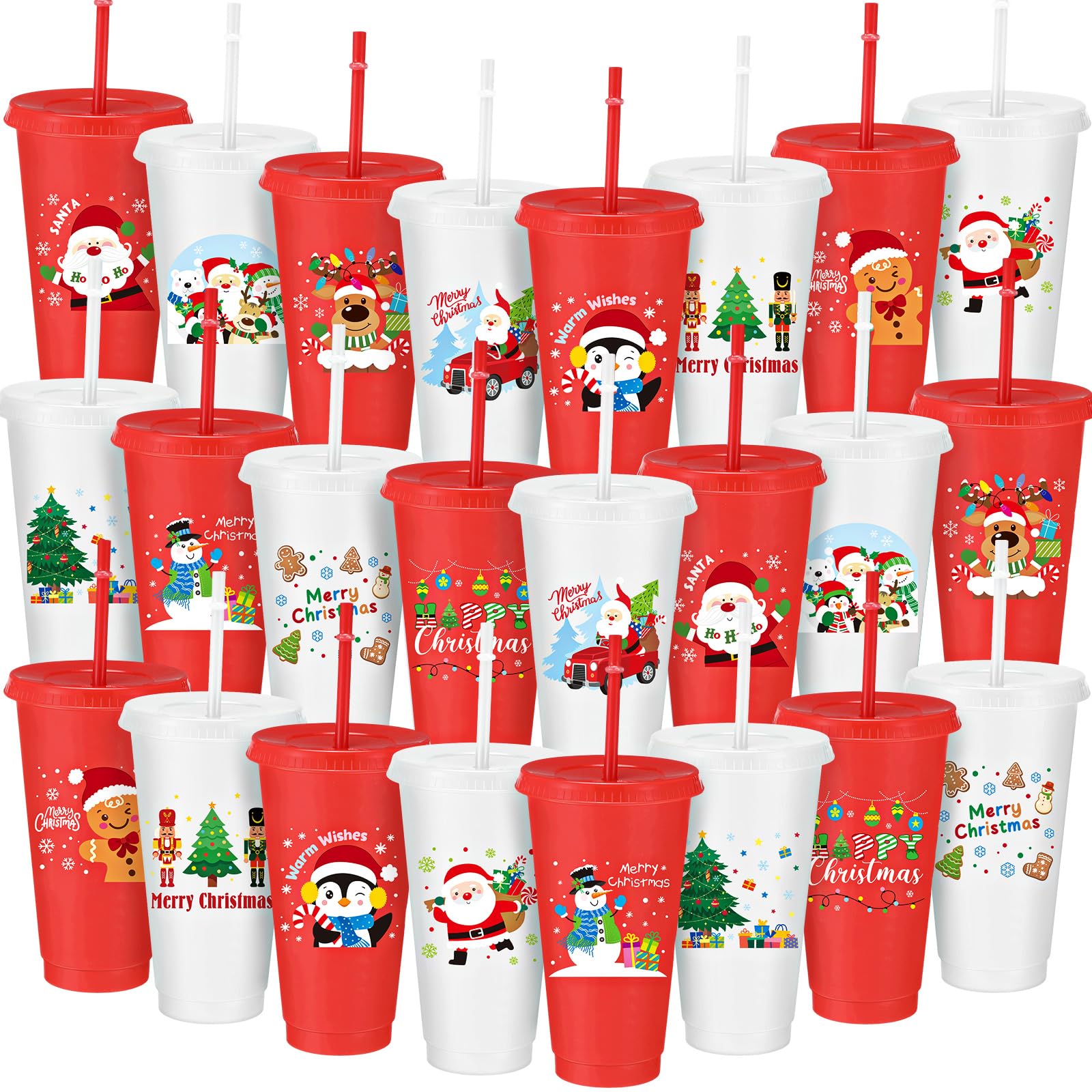 Umigy 24 Pcs Christmas Cups Christmas Plastic Party 24 oz Reusable Cups with Lids and Straws in Different Xmas Color Themes Plas