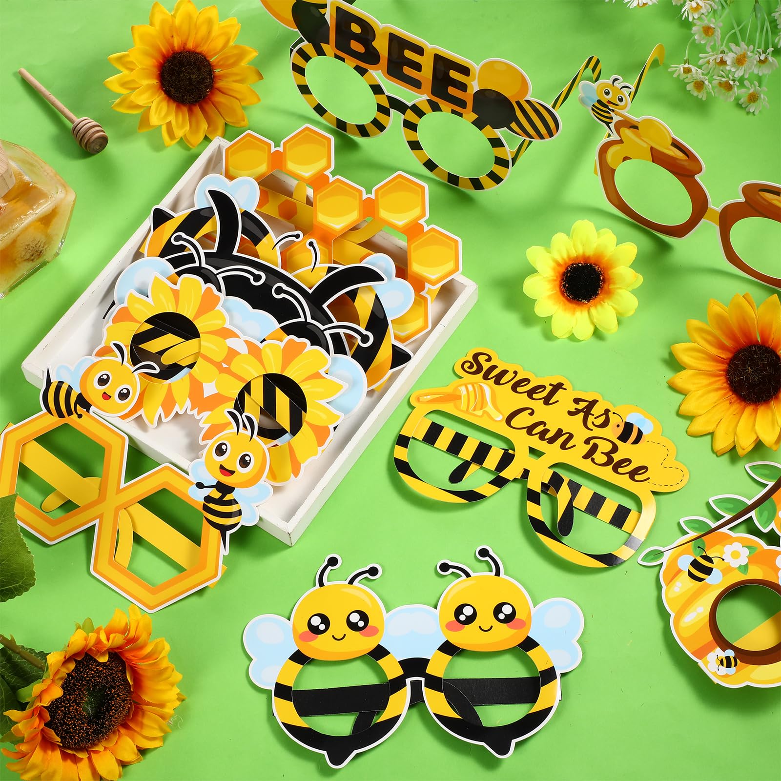 Threan 32 Pieces Bee Party Supplies Bulk Bee Glasses Honeycomb Sunflower Paper Eyeglasses for Summer Flower Birthday Party Baby