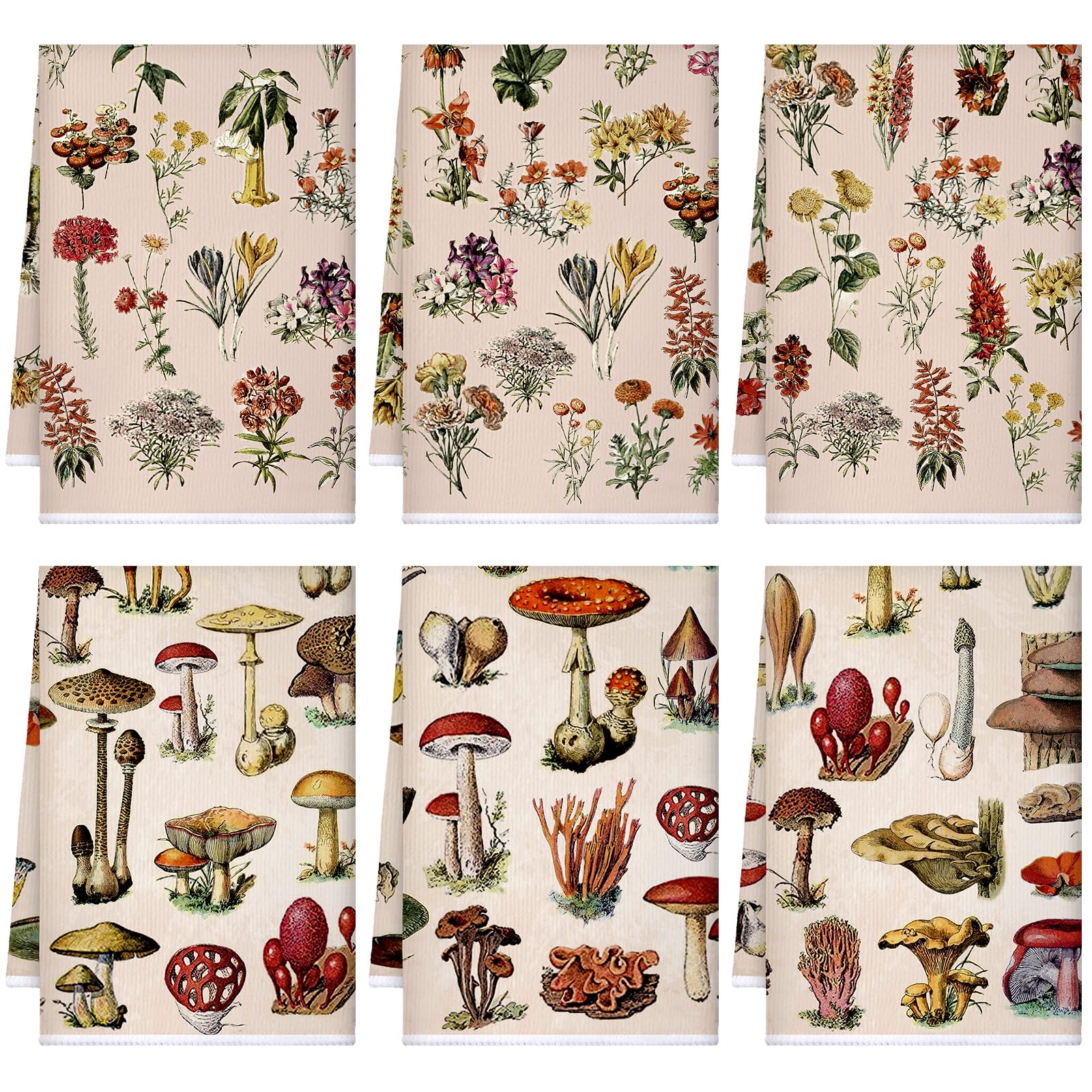 Boyiee Set Of 6 Vintage Kitchen Towels Forest Mushroom Dishtowels Wildflower Plants Tea Hand Towels 24''X16'' Absorbent Floral T