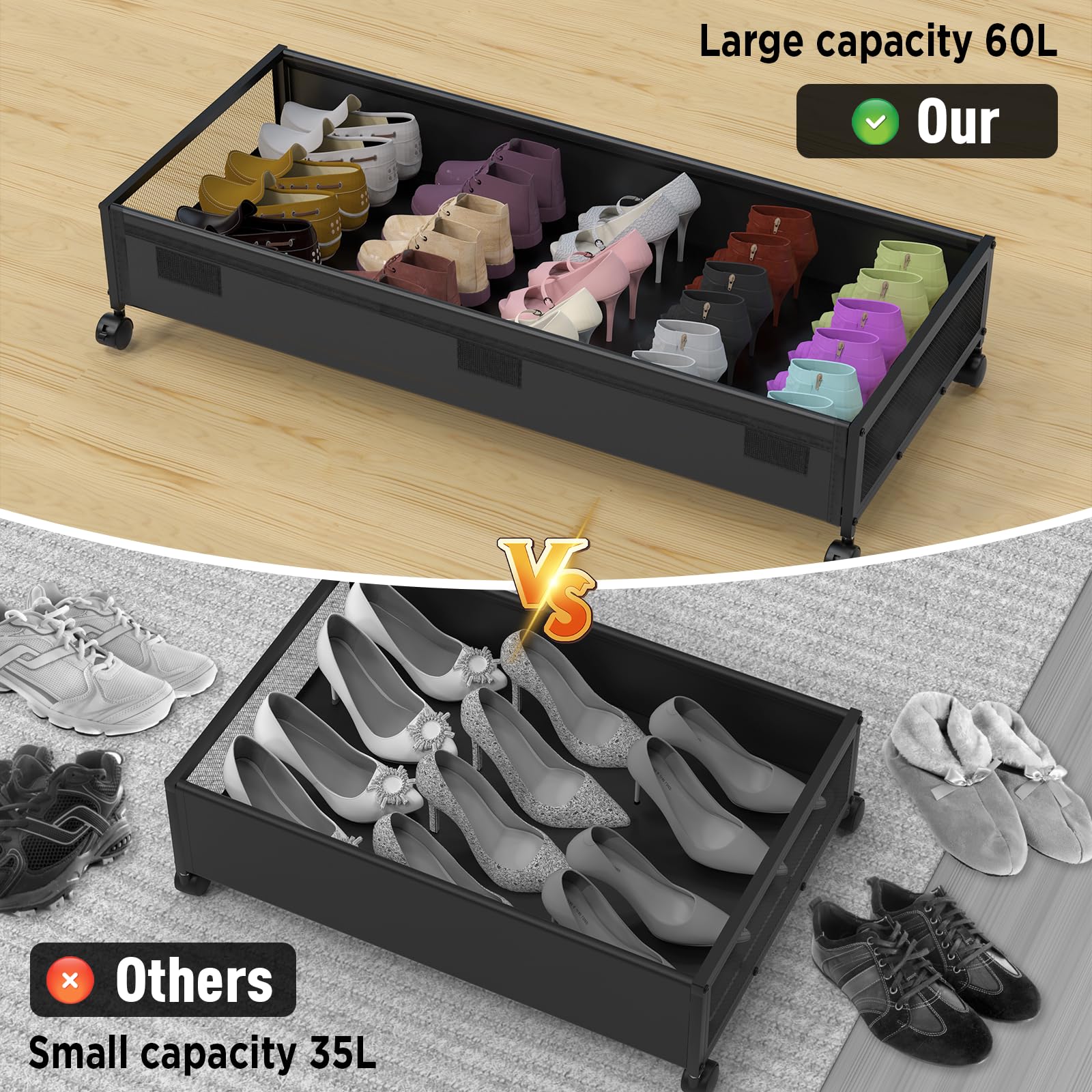 MixcMax Under Bed Storage Bins With Lids - 2Pack Lengthen Underbed Storage Containers with Wheels, Large Capacity Metal Clothes